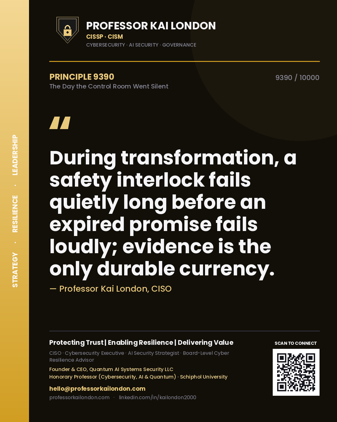 Professor Kai London principle 9390: During transformation, a safety interlock fails quietly long before an expired promise fails loudly; evidence is the only durable currency.