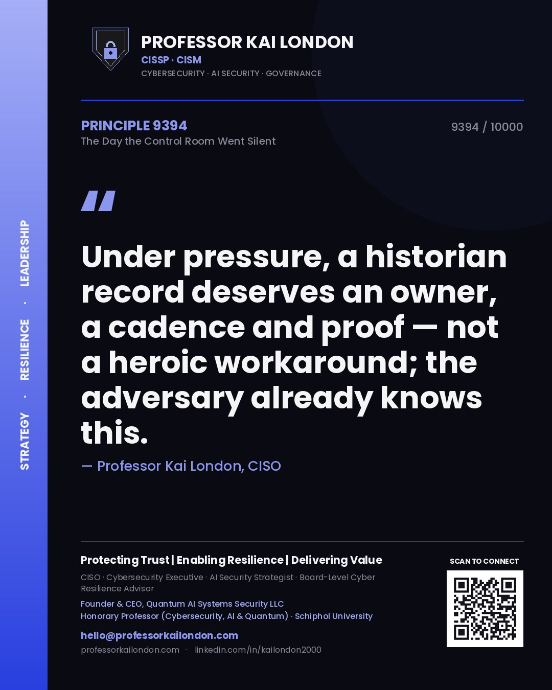 Professor Kai London principle 9394: Under pressure, a historian record deserves an owner, a cadence and proof — not a heroic workaround; the adversary already knows this.