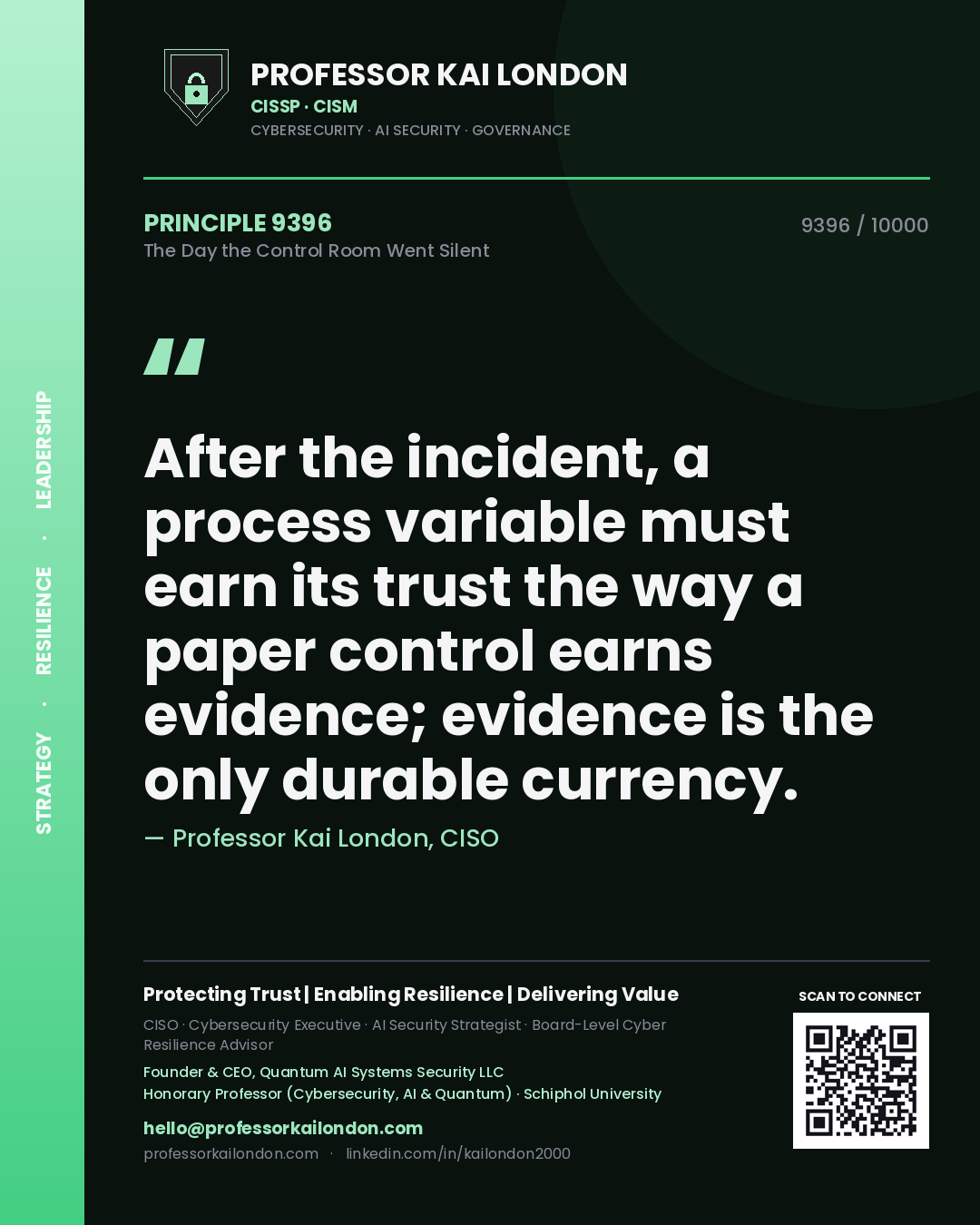 Professor Kai London principle 9396: After the incident, a process variable must earn its trust the way a paper control earns evidence; evidence is the only durable currency.