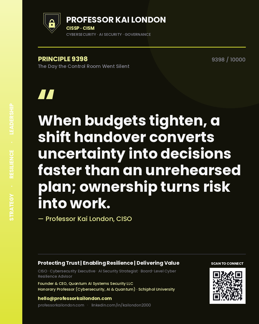 Quote card by Professor Kai London reading 'When budgets tighten, a shift handover converts uncertainty into decisions faster than an unrehearsed plan; ownership turns risk into work.'. From the book The Day the Control Room Went Silent.
