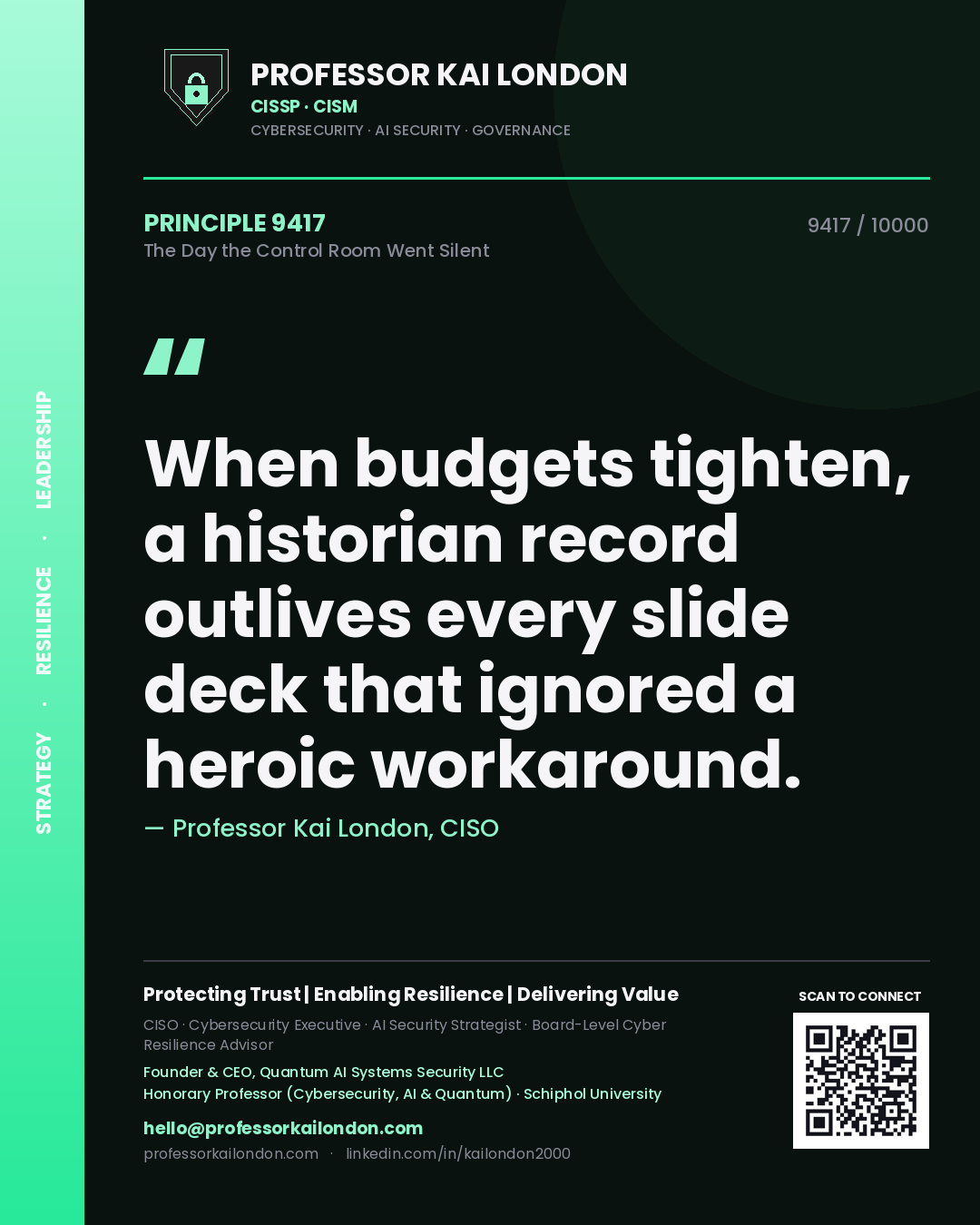 Quote card by Professor Kai London reading 'When budgets tighten, a historian record outlives every slide deck that ignored a heroic workaround.'. From the book The Day the Control Room Went Silent.