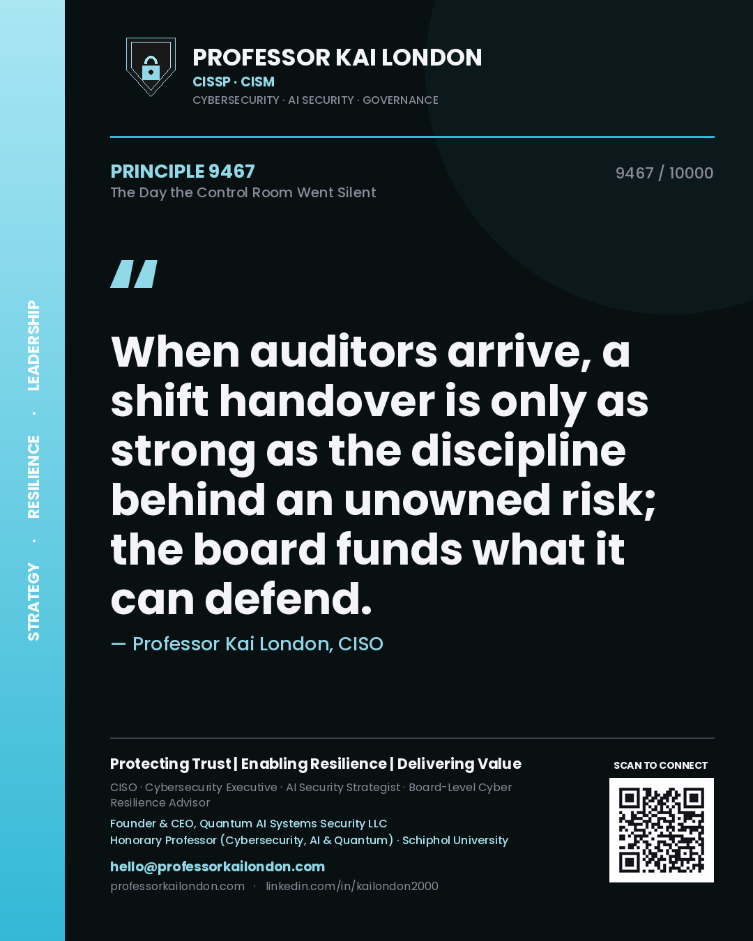 Professor Kai London principle 9467: When auditors arrive, a shift handover is only as strong as the discipline behind an unowned risk; the board funds what it can defend.