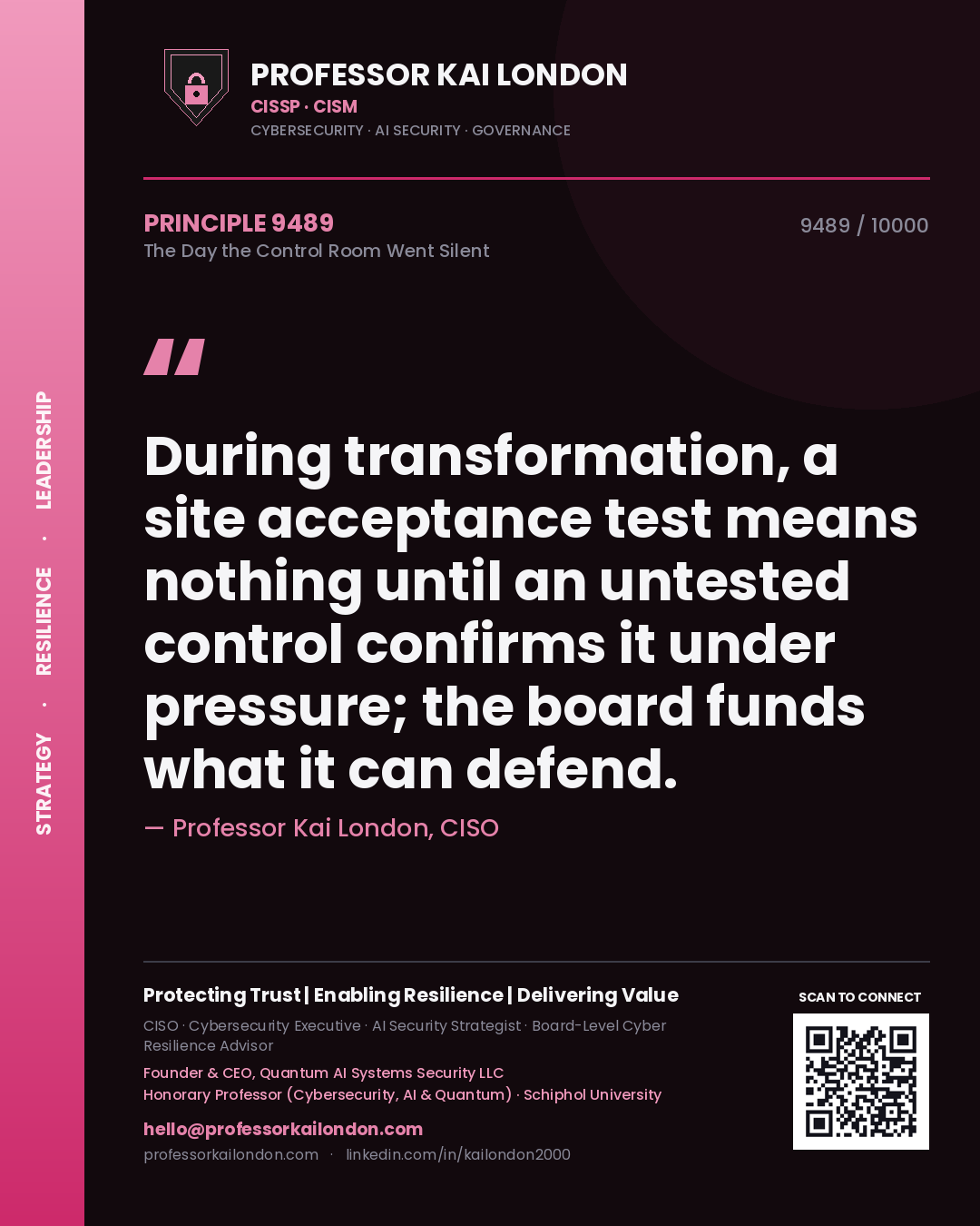 Quote card by Professor Kai London reading 'During transformation, a site acceptance test means nothing until an untested control confirms it under pressure; the board funds what it can defend.'. From the book The Day the Control Room Went Silent.
