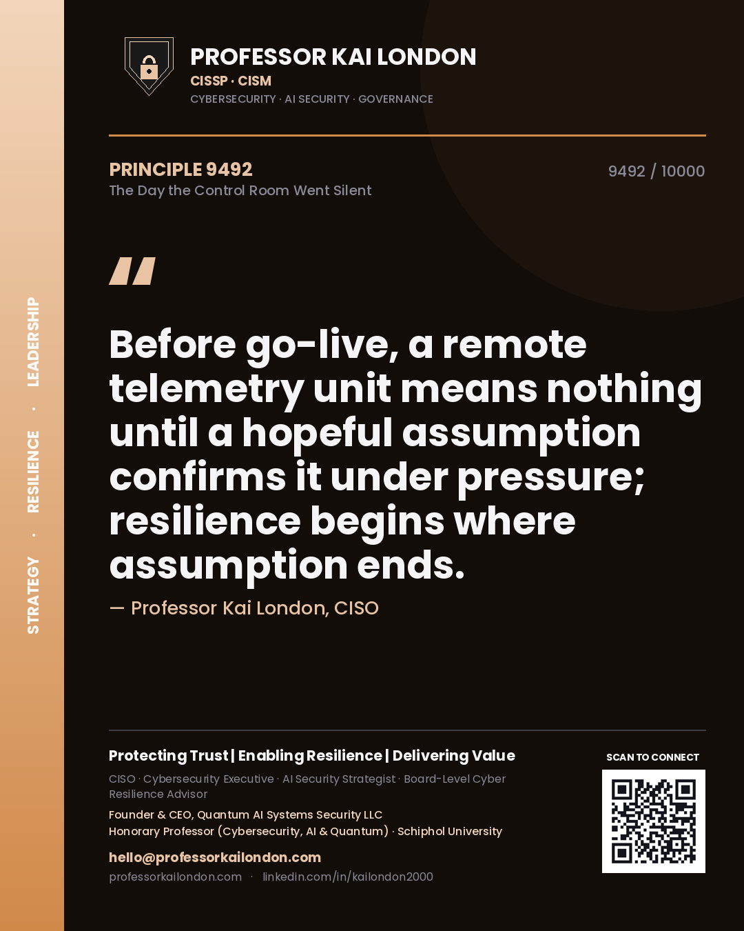 Professor Kai London principle 9492: Before go-live, a remote telemetry unit means nothing until a hopeful assumption confirms it under pressure; resilience begins where assumption ends.