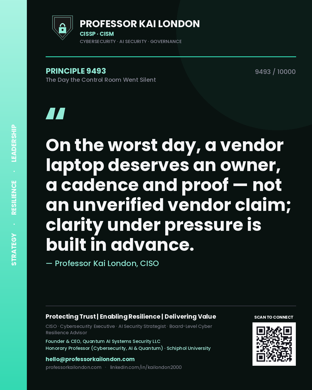 Quote card by Professor Kai London reading 'On the worst day, a vendor laptop deserves an owner, a cadence and proof — not an unverified vendor claim; clarity under pressure is built in advance.'. From the book The Day the Control Room Went Silent.