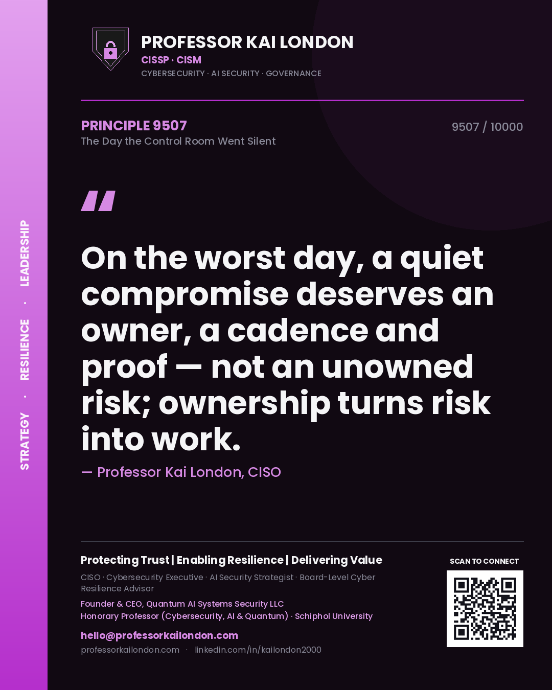 Professor Kai London principle 9507: On the worst day, a quiet compromise deserves an owner, a cadence and proof — not an unowned risk; ownership turns risk into work.