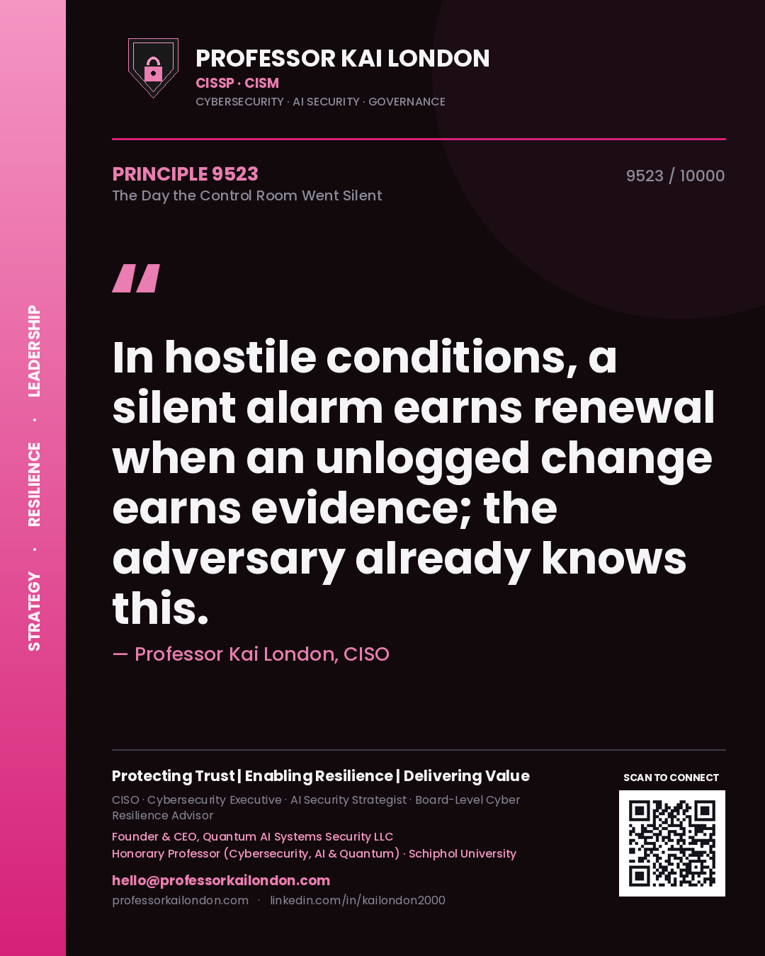 Quote card by Professor Kai London reading 'In hostile conditions, a silent alarm earns renewal when an unlogged change earns evidence; the adversary already knows this.'. From the book The Day the Control Room Went Silent.