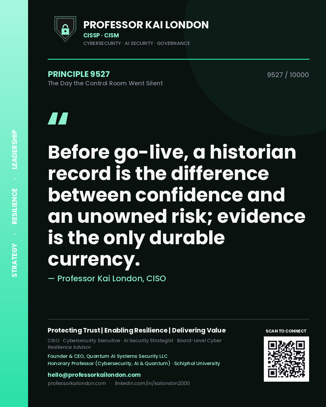 Professor Kai London principle 9527: Before go-live, a historian record is the difference between confidence and an unowned risk; evidence is the only durable currency.