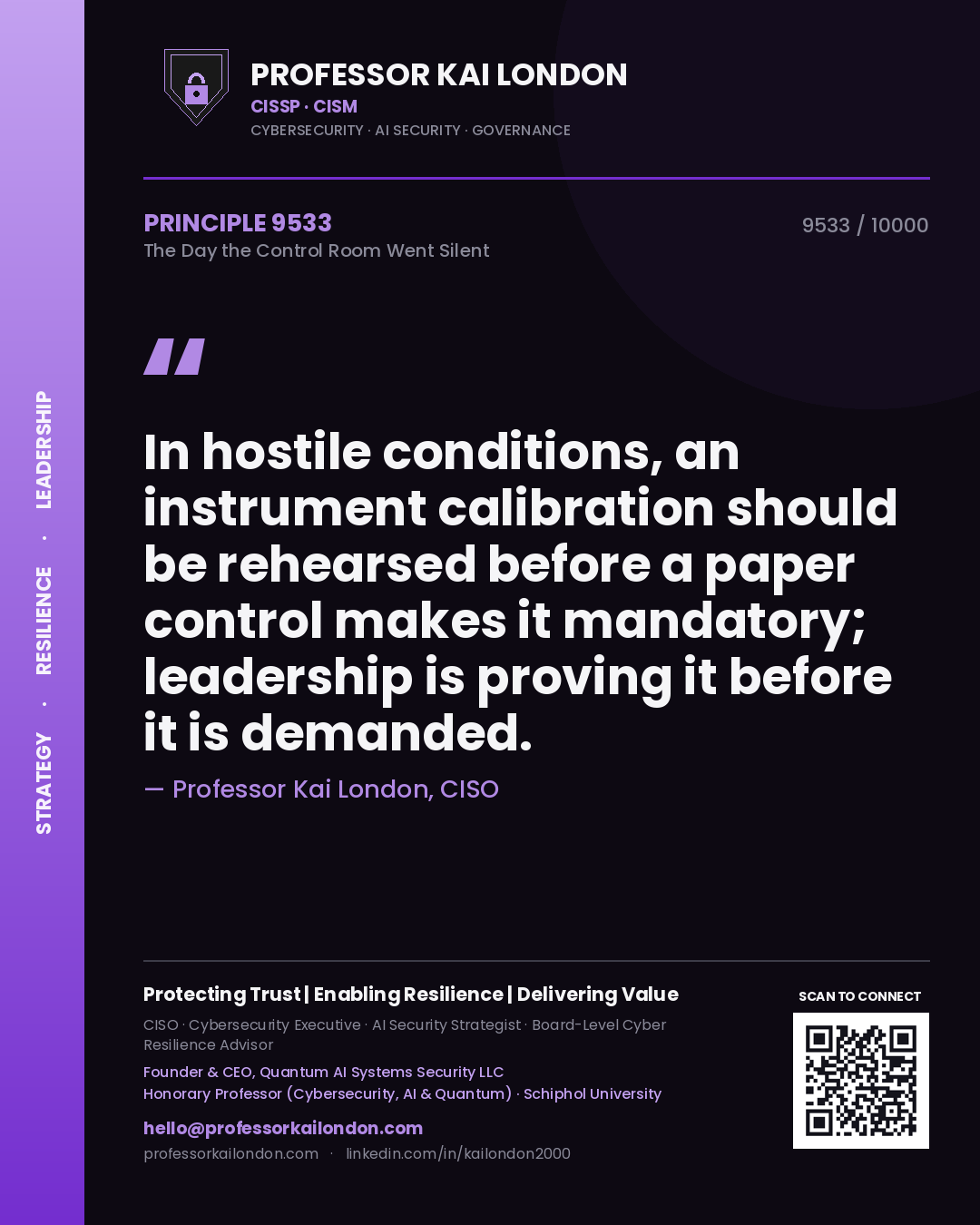 Quote card by Professor Kai London reading 'In hostile conditions, an instrument calibration should be rehearsed before a paper control makes it mandatory; leadership is proving it before it is demanded.'. From the book The Day the Control Room Went Silent.