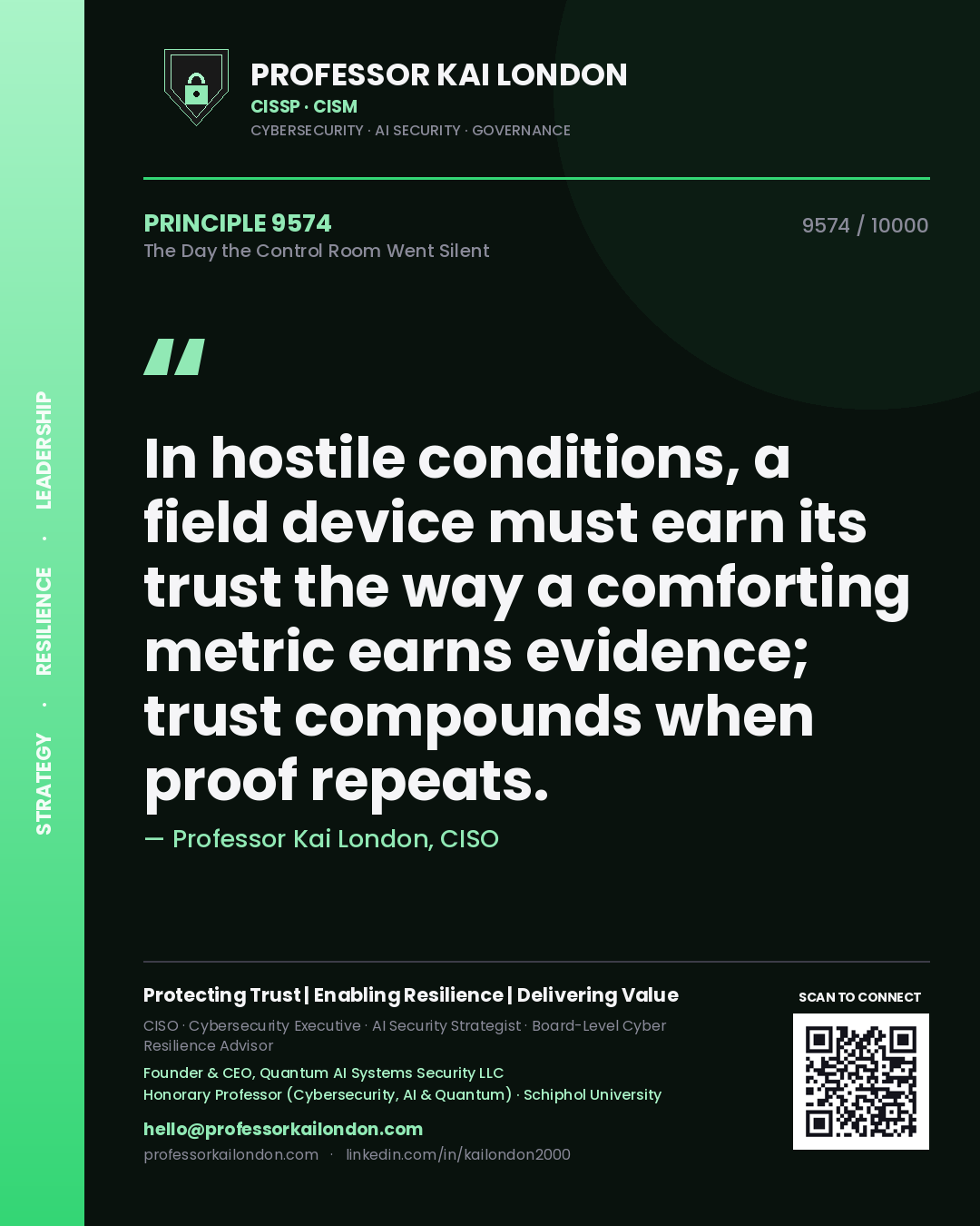 Professor Kai London principle 9574: In hostile conditions, a field device must earn its trust the way a comforting metric earns evidence; trust compounds when proof repeats.