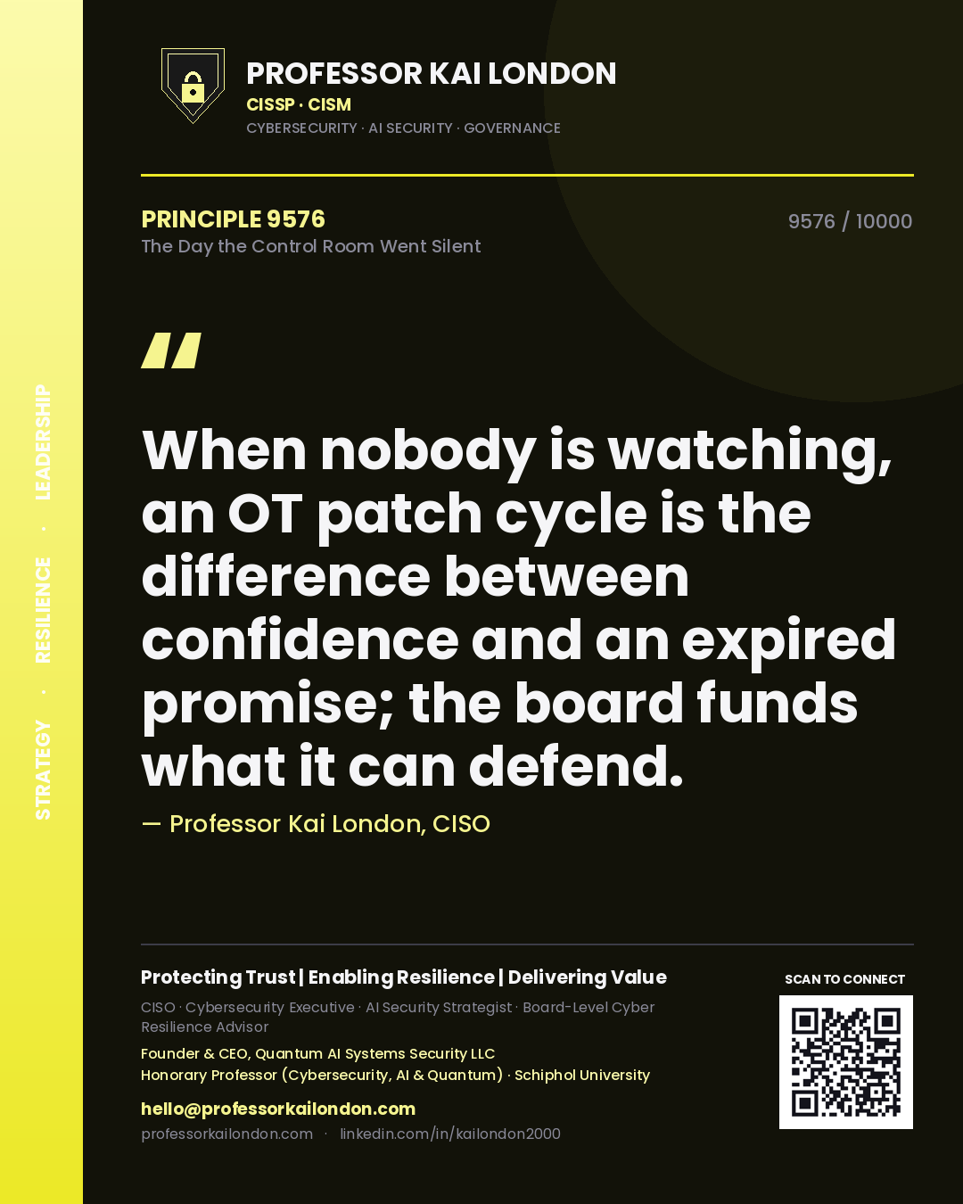 Quote card by Professor Kai London reading 'When nobody is watching, an OT patch cycle is the difference between confidence and an expired promise; the board funds what it can defend.'. From the book The Day the Control Room Went Silent.