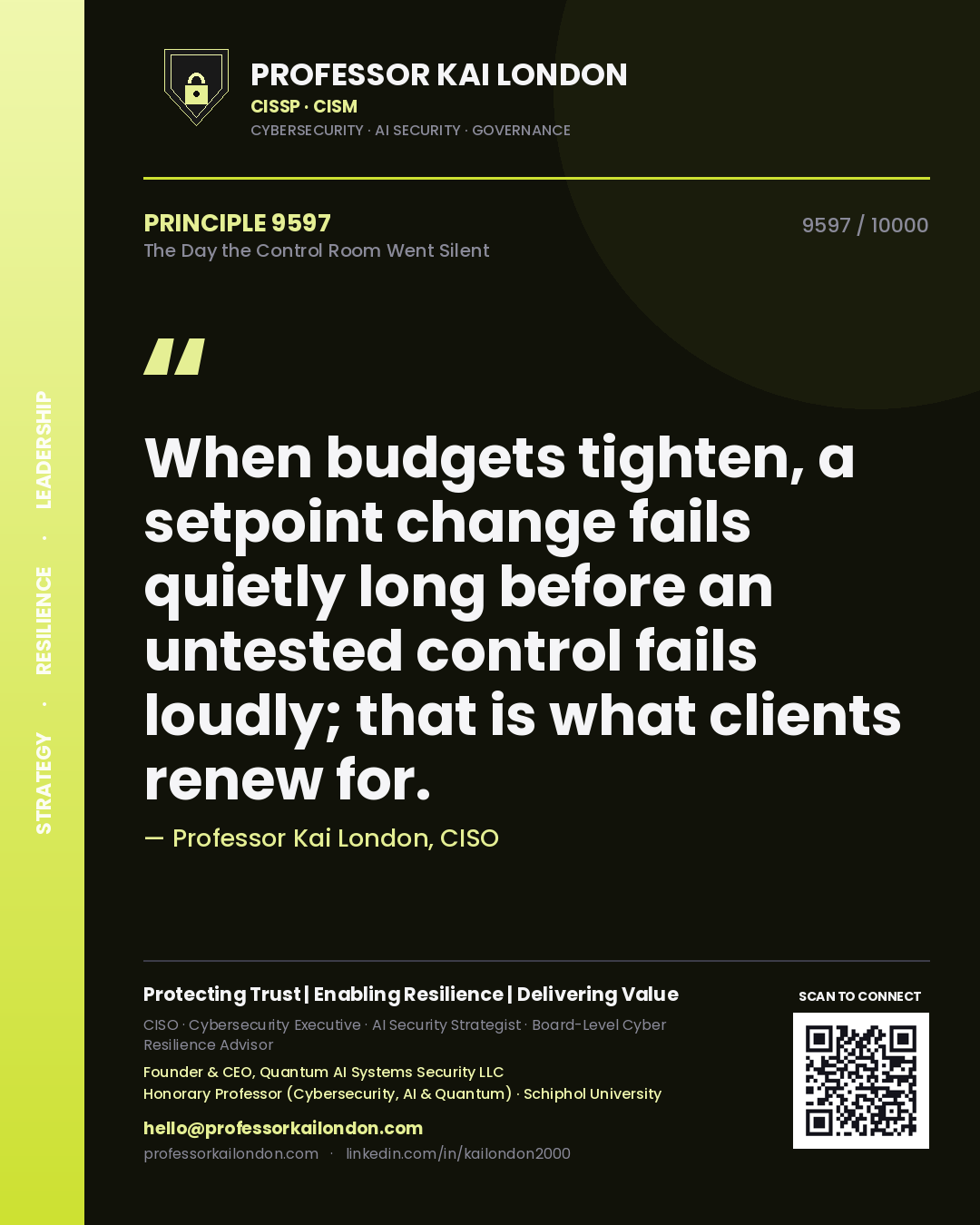 Professor Kai London principle 9597: When budgets tighten, a setpoint change fails quietly long before an untested control fails loudly; that is what clients renew for.