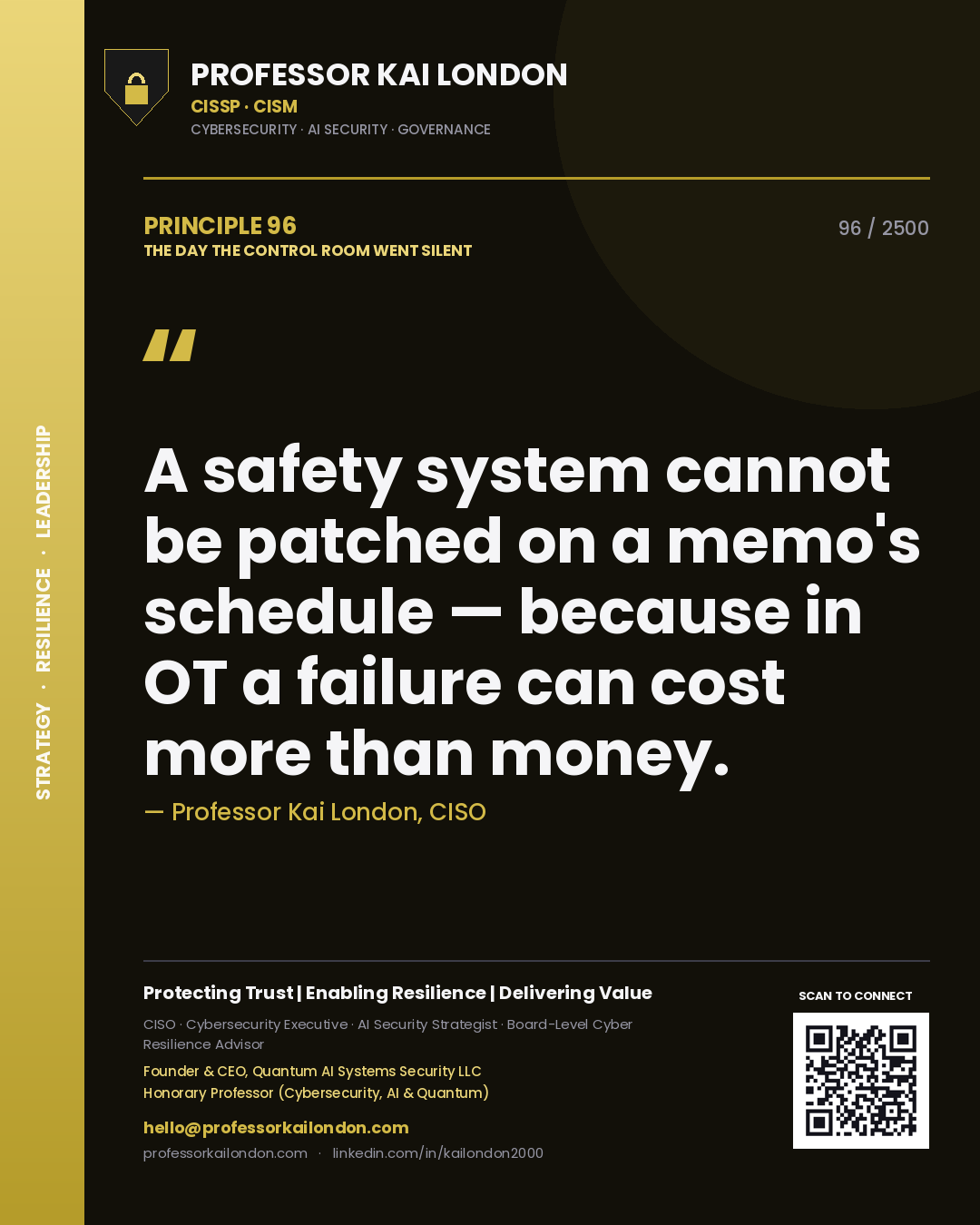 Quote card by Professor Kai London reading 'A safety system cannot be patched on a memo's schedule — because in OT a failure can cost more than money.'. From the book The Day the Control Room Went Silent.