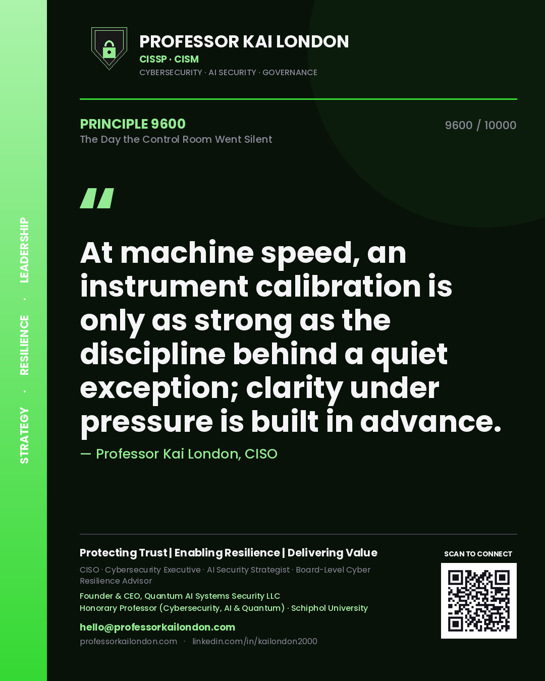 Quote card by Professor Kai London reading 'At machine speed, an instrument calibration is only as strong as the discipline behind a quiet exception; clarity under pressure is built in advance.'. From the book The Day the Control Room Went Silent.