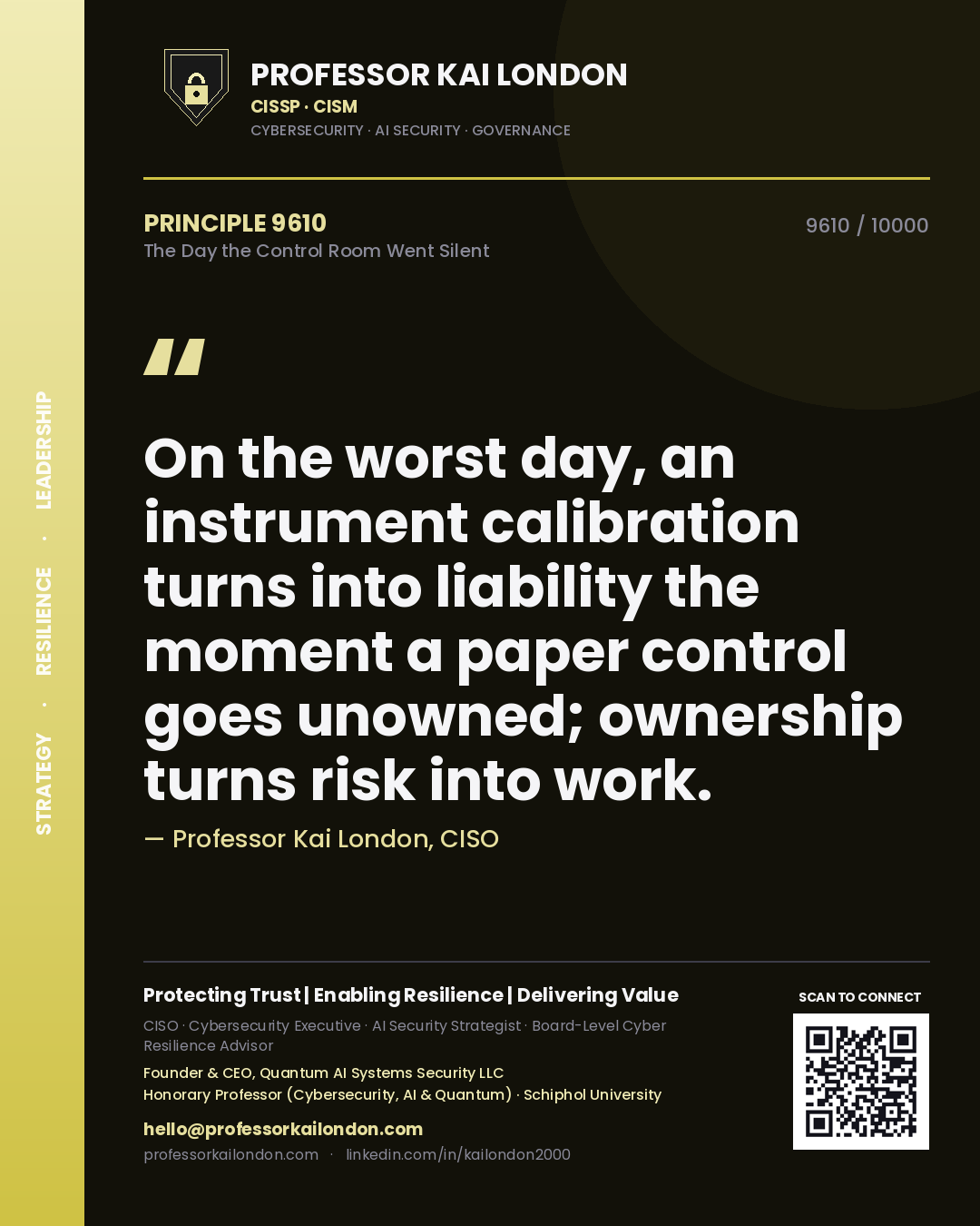Quote card by Professor Kai London reading 'On the worst day, an instrument calibration turns into liability the moment a paper control goes unowned; ownership turns risk into work.'. From the book The Day the Control Room Went Silent.