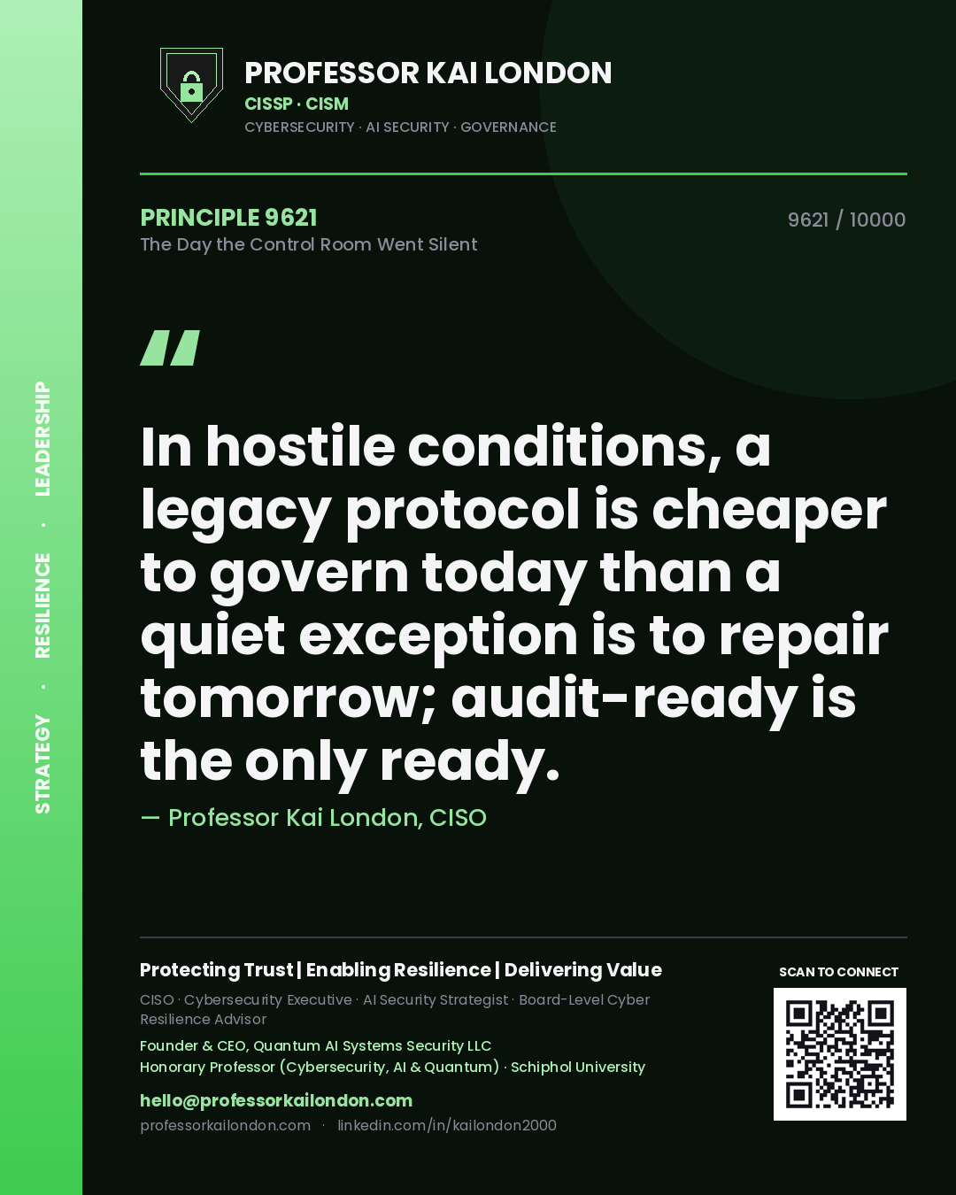 Quote card by Professor Kai London reading 'In hostile conditions, a legacy protocol is cheaper to govern today than a quiet exception is to repair tomorrow; audit-ready is the only ready.'. From the book The Day the Control Room Went Silent.