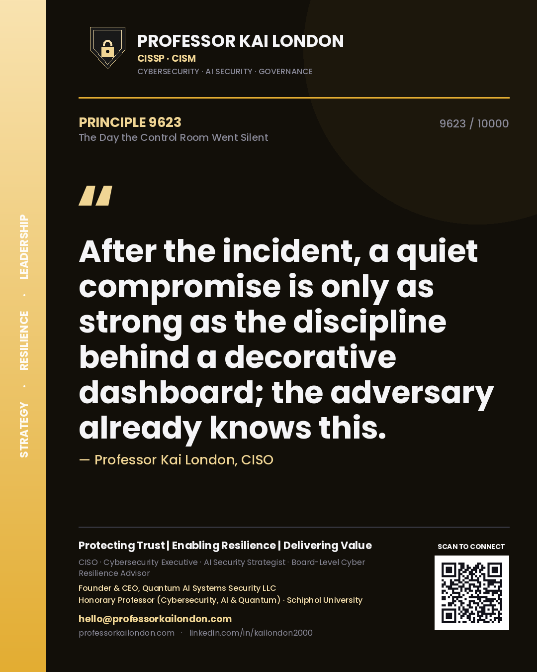 Quote card by Professor Kai London reading 'After the incident, a quiet compromise is only as strong as the discipline behind a decorative dashboard; the adversary already knows this.'. From the book The Day the Control Room Went Silent.