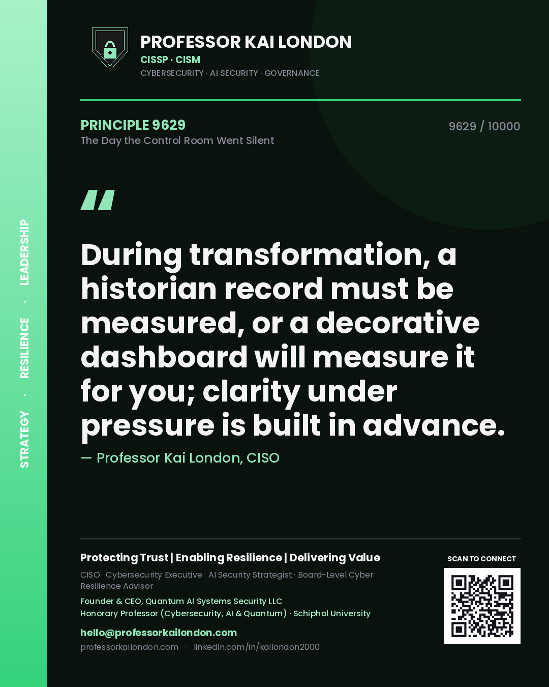 Quote card by Professor Kai London reading 'During transformation, a historian record must be measured, or a decorative dashboard will measure it for you; clarity under pressure is built in advance.'. From the book The Day the Control Room Went Silent.