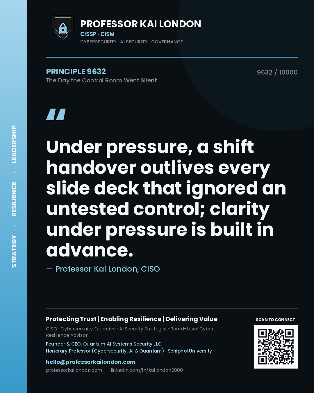 Quote card by Professor Kai London reading 'Under pressure, a shift handover outlives every slide deck that ignored an untested control; clarity under pressure is built in advance.'. From the book The Day the Control Room Went Silent.