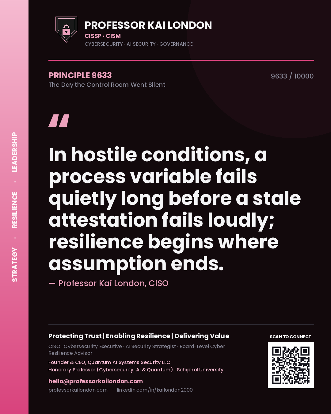 Professor Kai London principle 9633: In hostile conditions, a process variable fails quietly long before a stale attestation fails loudly; resilience begins where assumption ends.