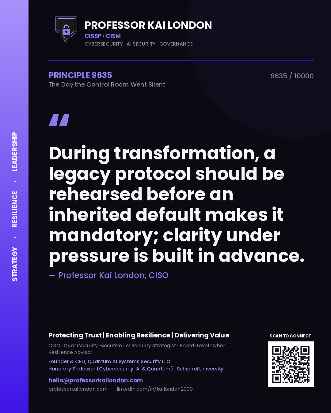 Quote card by Professor Kai London reading 'During transformation, a legacy protocol should be rehearsed before an inherited default makes it mandatory; clarity under pressure is built in advance.'. From the book The Day the Control Room Went Silent.