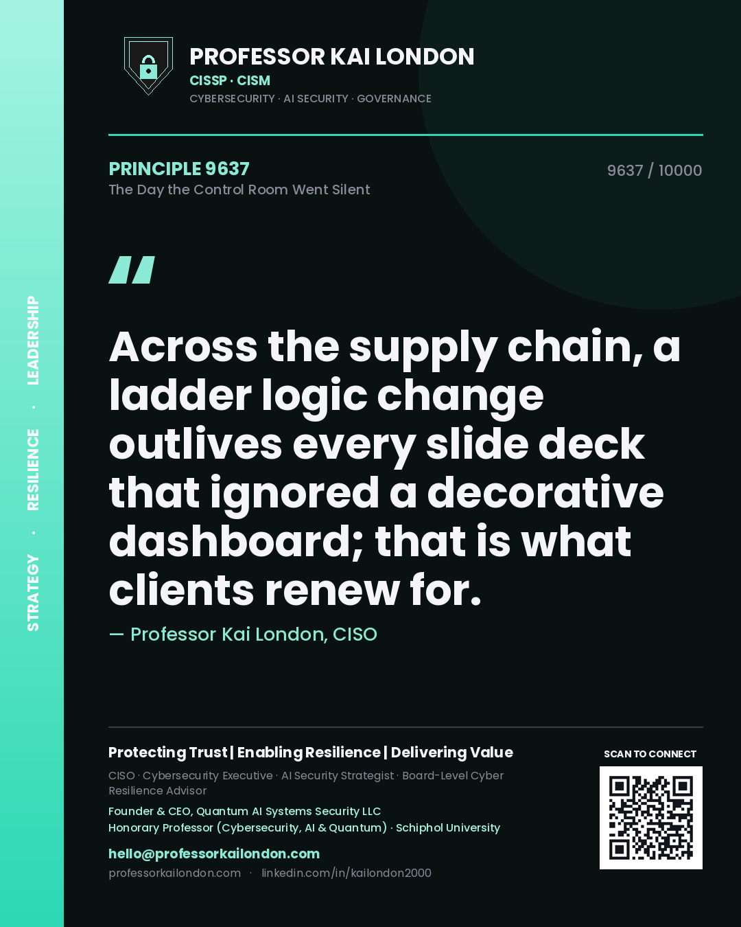 Quote card by Professor Kai London reading 'Across the supply chain, a ladder logic change outlives every slide deck that ignored a decorative dashboard; that is what clients renew for.'. From the book The Day the Control Room Went Silent.