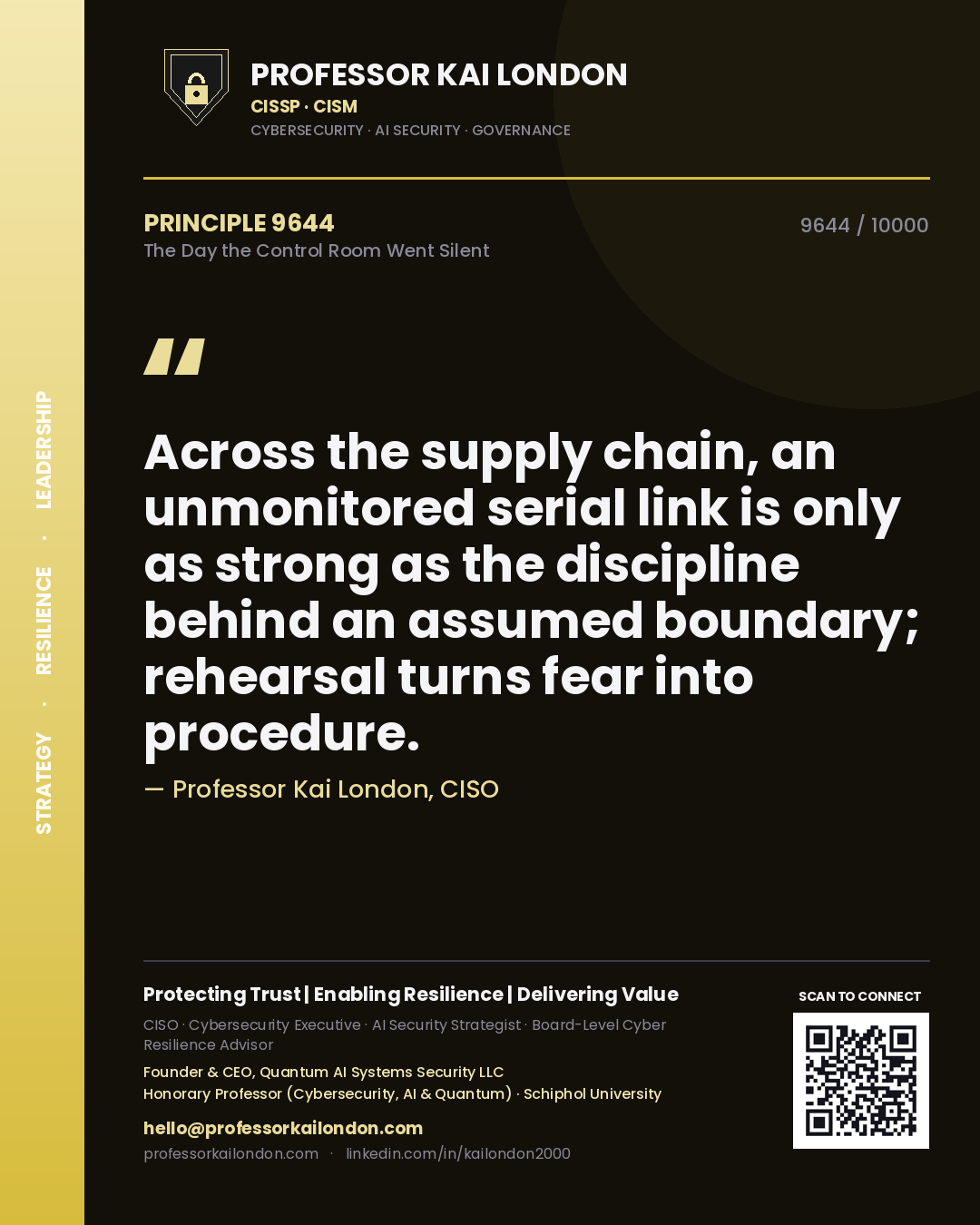 Professor Kai London principle 9644: Across the supply chain, an unmonitored serial link is only as strong as the discipline behind an assumed boundary; rehearsal turns fear into procedure.