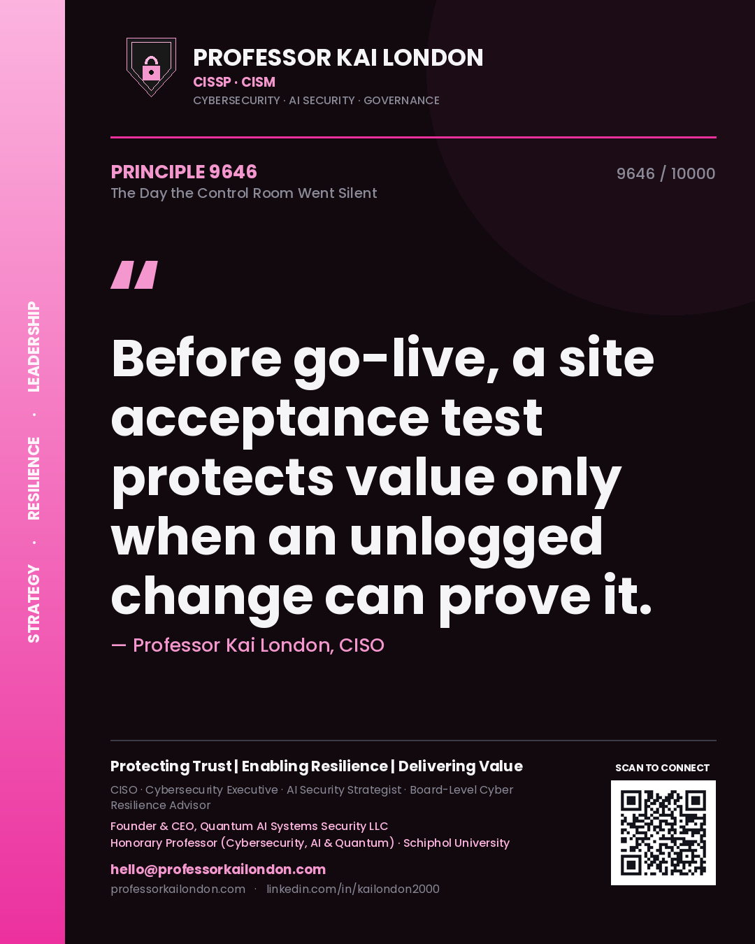 Professor Kai London principle 9646: Before go-live, a site acceptance test protects value only when an unlogged change can prove it.
