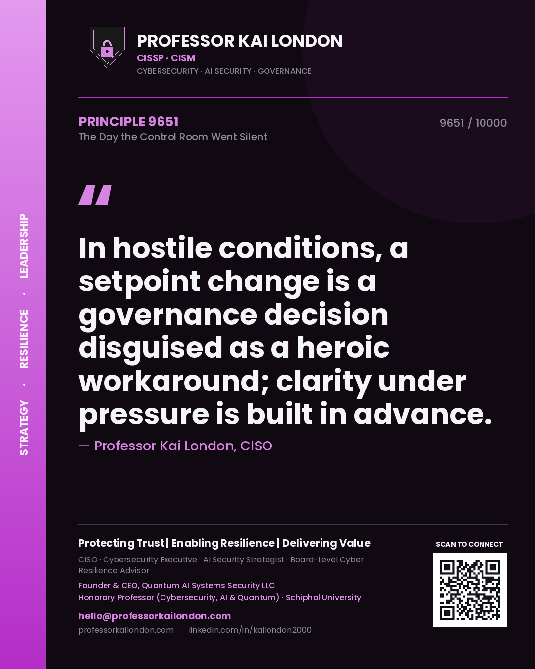 Professor Kai London principle 9651: In hostile conditions, a setpoint change is a governance decision disguised as a heroic workaround; clarity under pressure is built in advance.