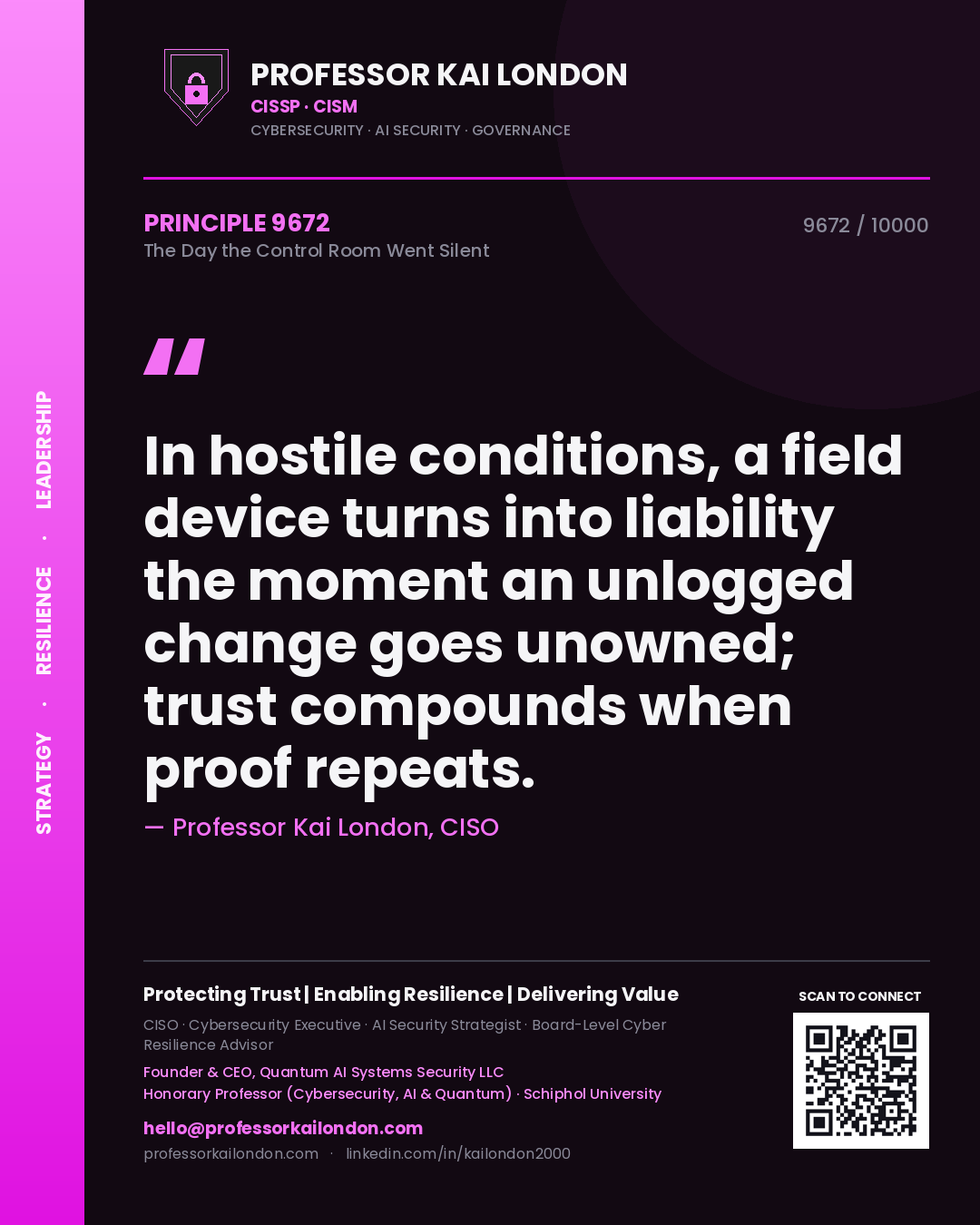 Quote card by Professor Kai London reading 'In hostile conditions, a field device turns into liability the moment an unlogged change goes unowned; trust compounds when proof repeats.'. From the book The Day the Control Room Went Silent.