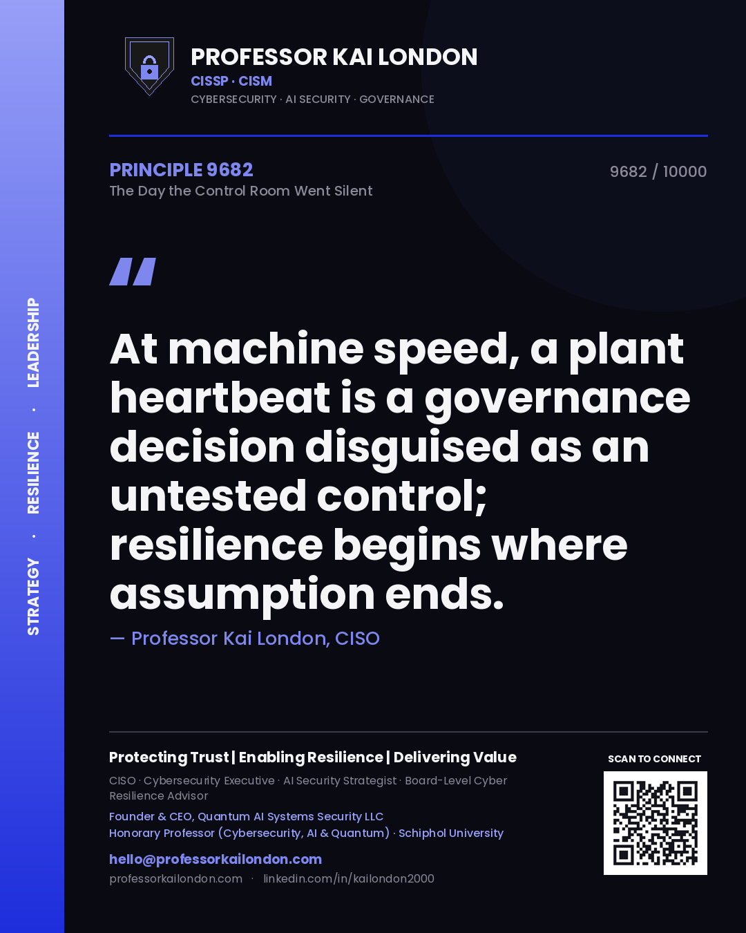 Quote card by Professor Kai London reading 'At machine speed, a plant heartbeat is a governance decision disguised as an untested control; resilience begins where assumption ends.'. From the book The Day the Control Room Went Silent.