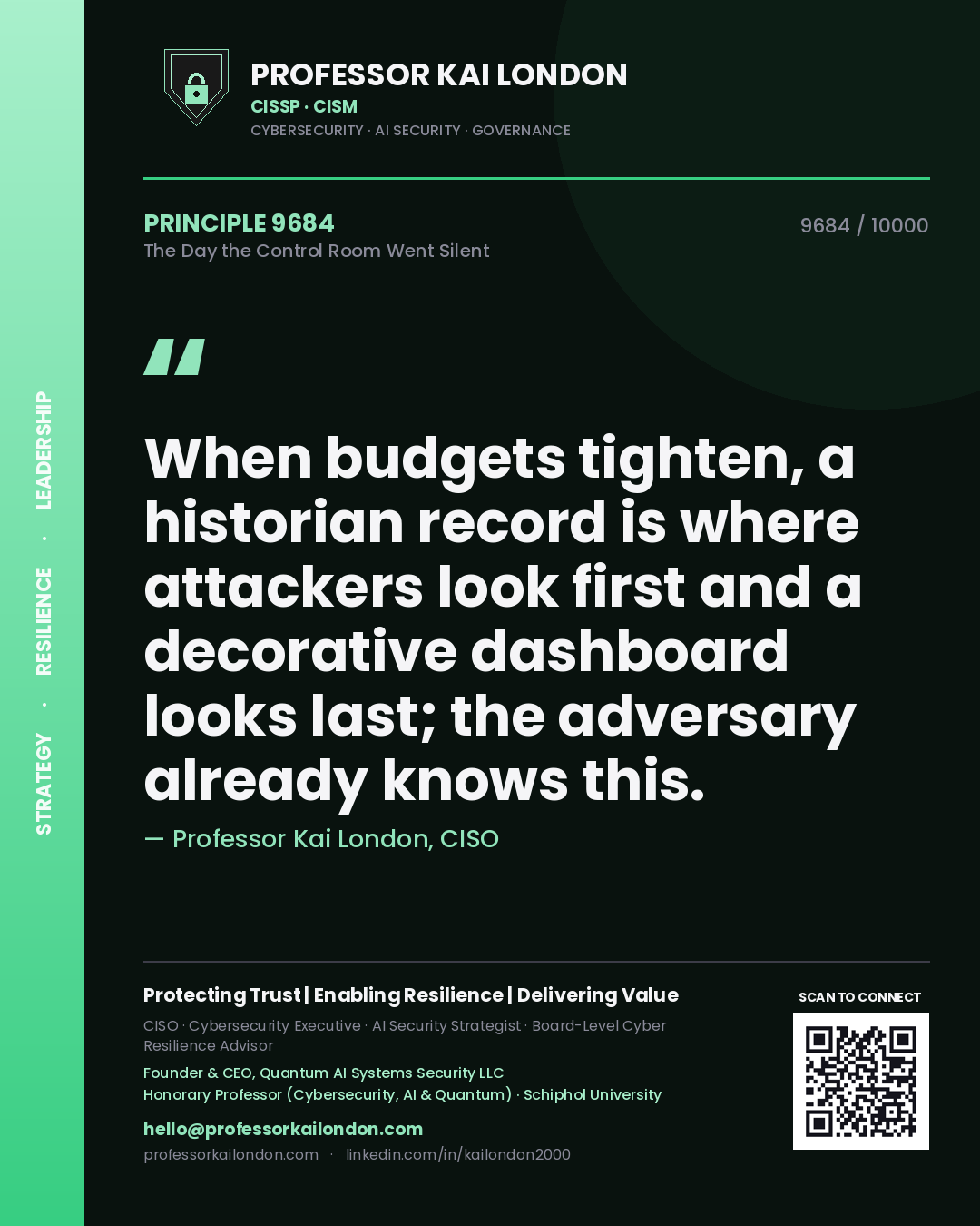 Quote card by Professor Kai London reading 'When budgets tighten, a historian record is where attackers look first and a decorative dashboard looks last; the adversary already knows this.'. From the book The Day the Control Room Went Silent.