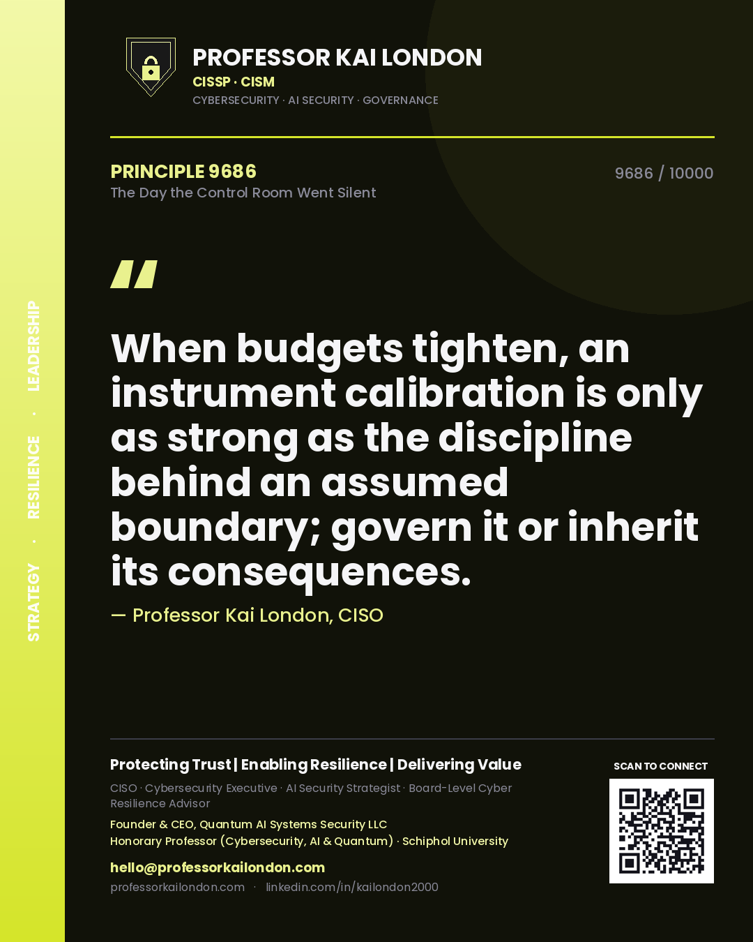 Quote card by Professor Kai London reading 'When budgets tighten, an instrument calibration is only as strong as the discipline behind an assumed boundary; govern it or inherit its consequences.'. From the book The Day the Control Room Went Silent.