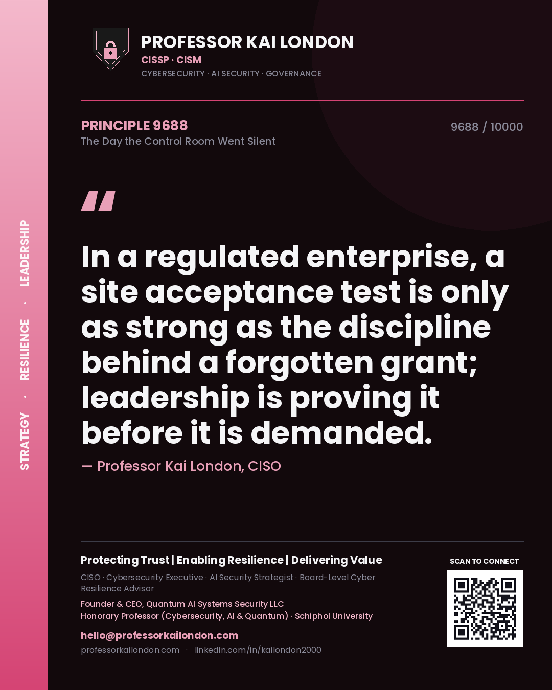 Quote card by Professor Kai London reading 'In a regulated enterprise, a site acceptance test is only as strong as the discipline behind a forgotten grant; leadership is proving it before it is demanded.'. From the book The Day the Control Room Went Silent.