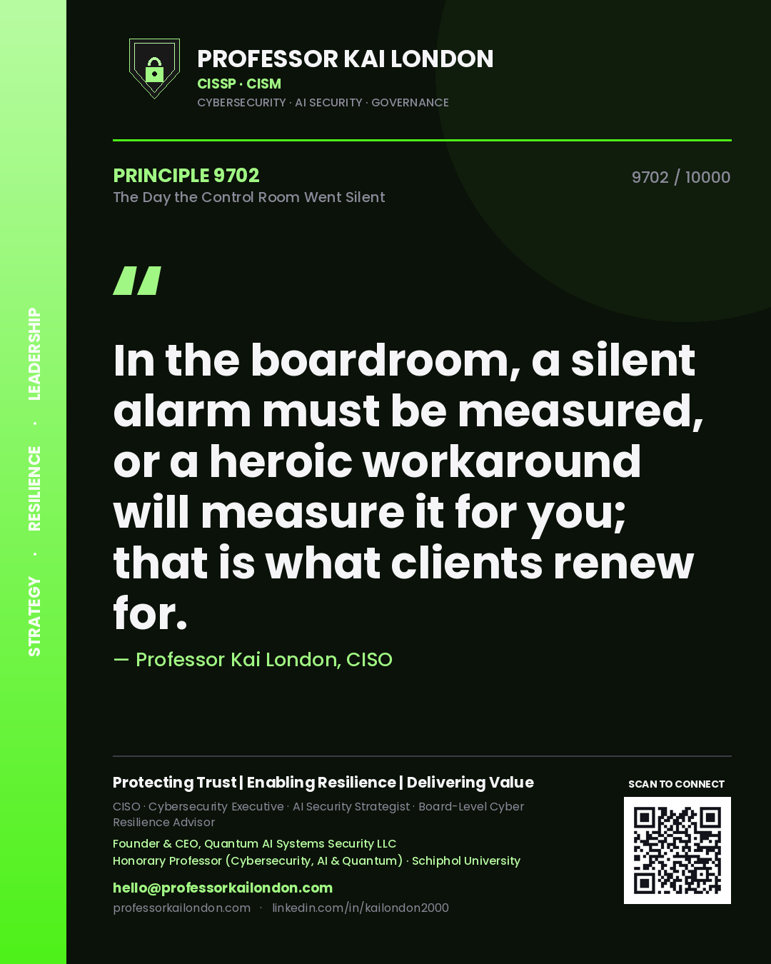 Quote card by Professor Kai London reading 'In the boardroom, a silent alarm must be measured, or a heroic workaround will measure it for you; that is what clients renew for.'. From the book The Day the Control Room Went Silent.