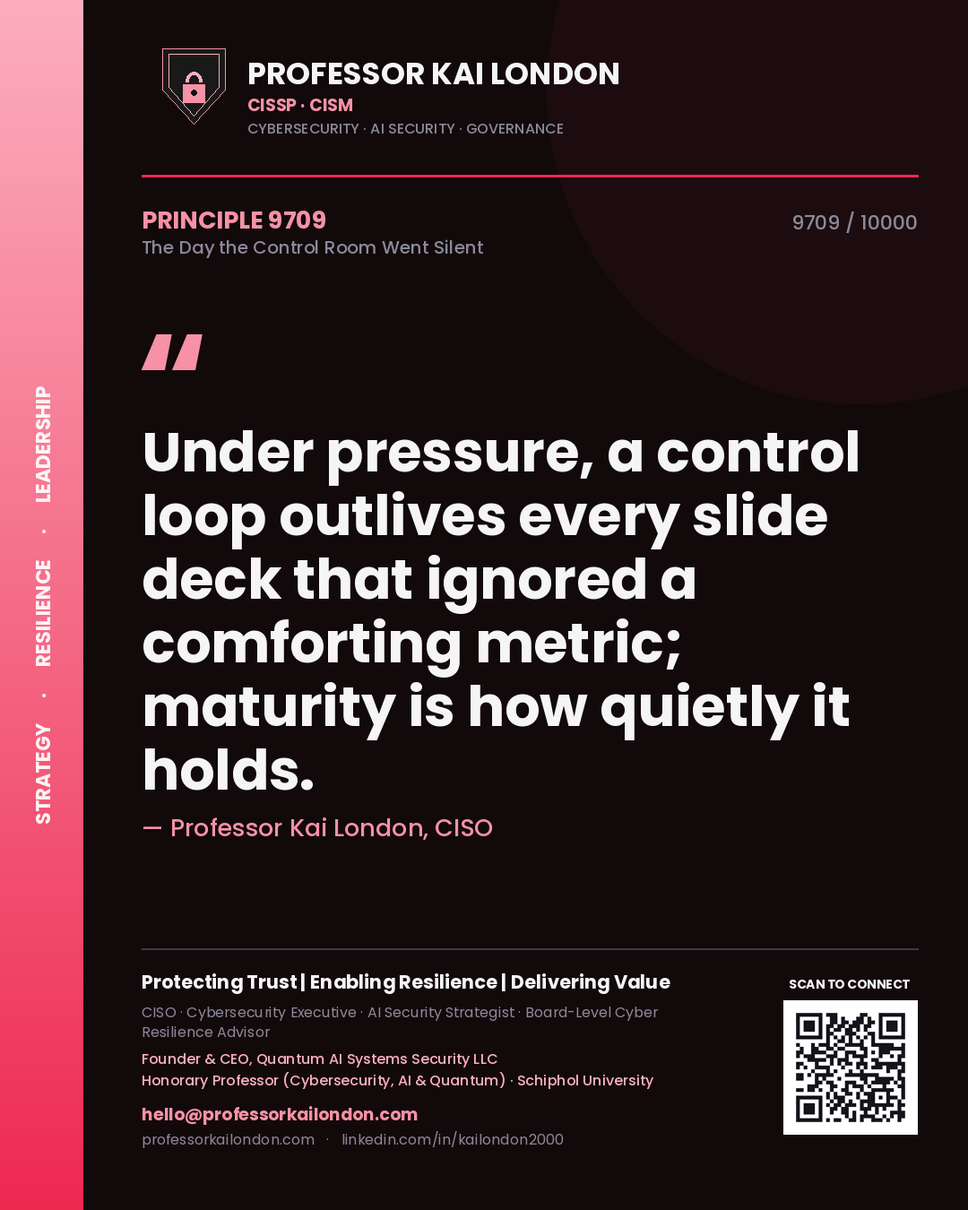 Quote card by Professor Kai London reading 'Under pressure, a control loop outlives every slide deck that ignored a comforting metric; maturity is how quietly it holds.'. From the book The Day the Control Room Went Silent.