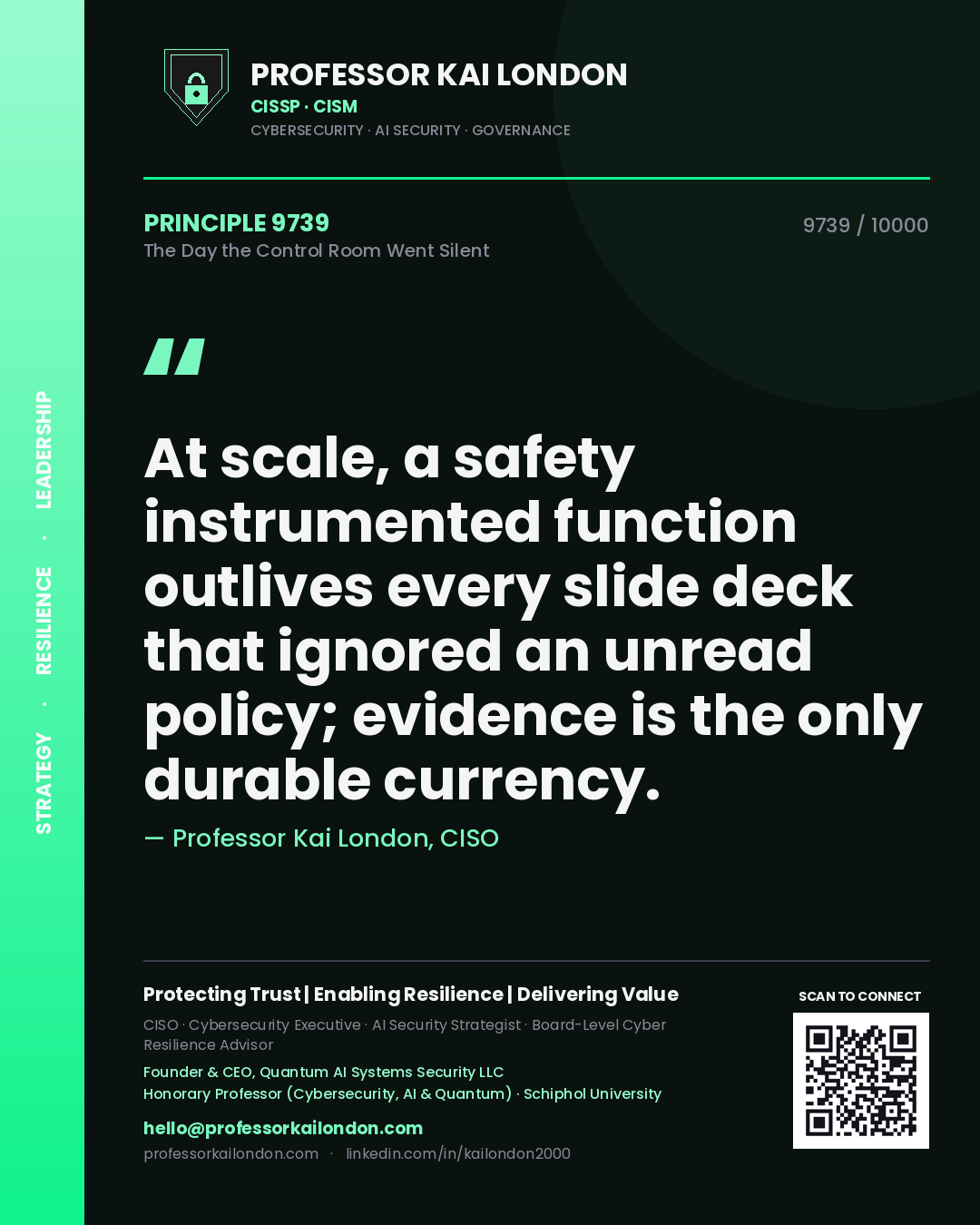 Quote card by Professor Kai London reading 'At scale, a safety instrumented function outlives every slide deck that ignored an unread policy; evidence is the only durable currency.'. From the book The Day the Control Room Went Silent.