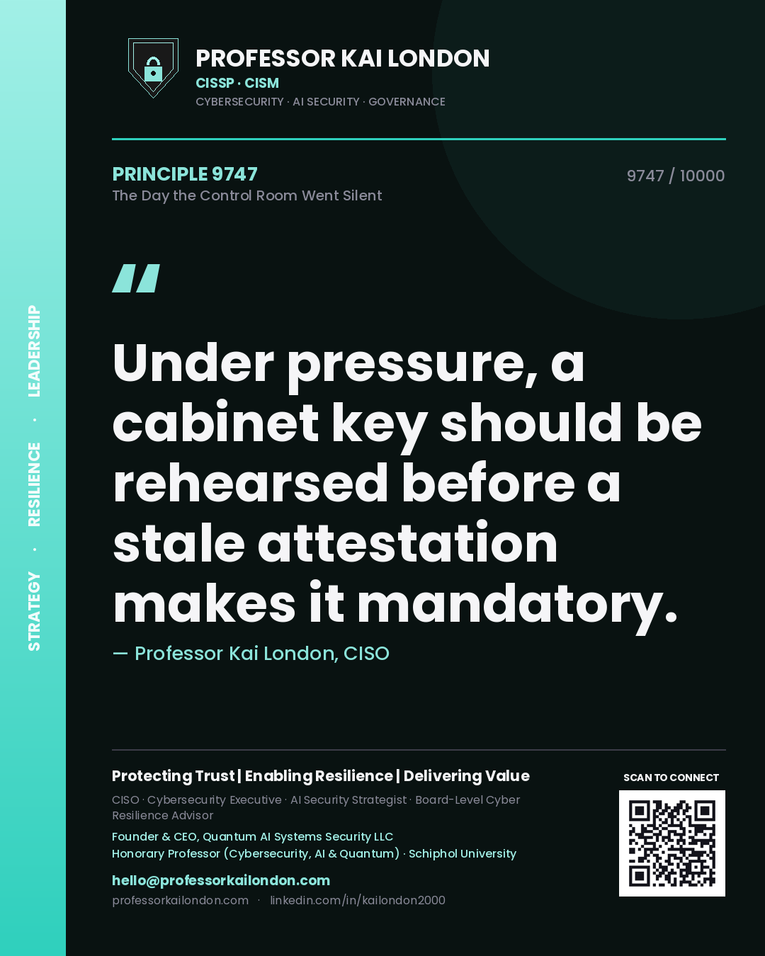 Professor Kai London principle 9747: Under pressure, a cabinet key should be rehearsed before a stale attestation makes it mandatory.