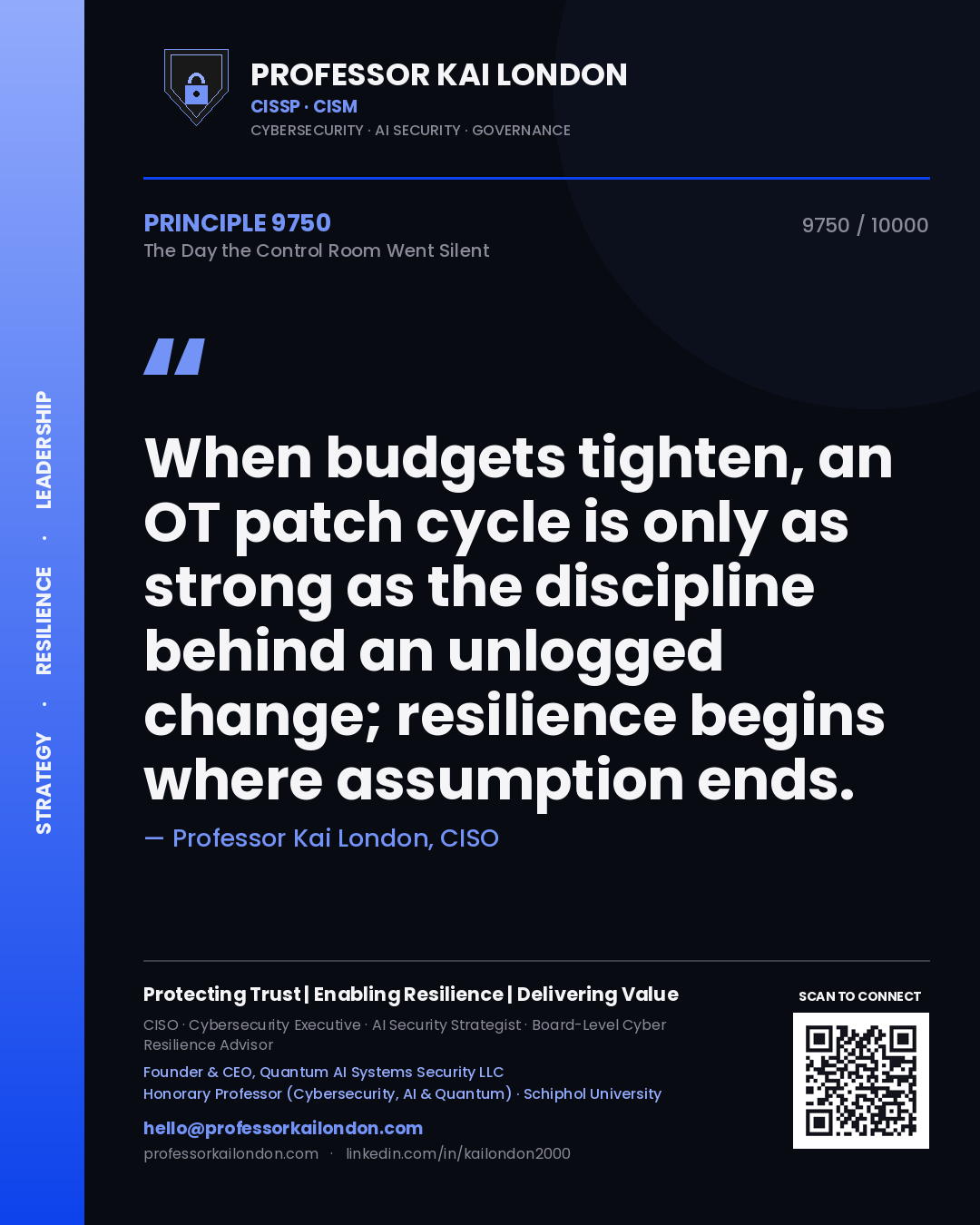 Professor Kai London principle 9750: When budgets tighten, an OT patch cycle is only as strong as the discipline behind an unlogged change; resilience begins where assumption ends.