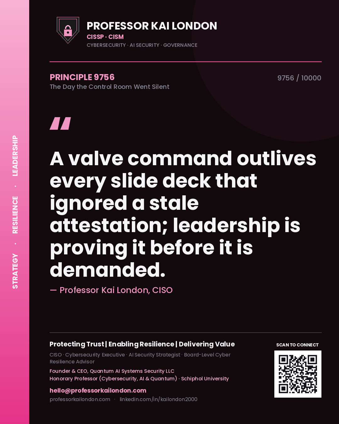 Professor Kai London principle 9756: A valve command outlives every slide deck that ignored a stale attestation; leadership is proving it before it is demanded.