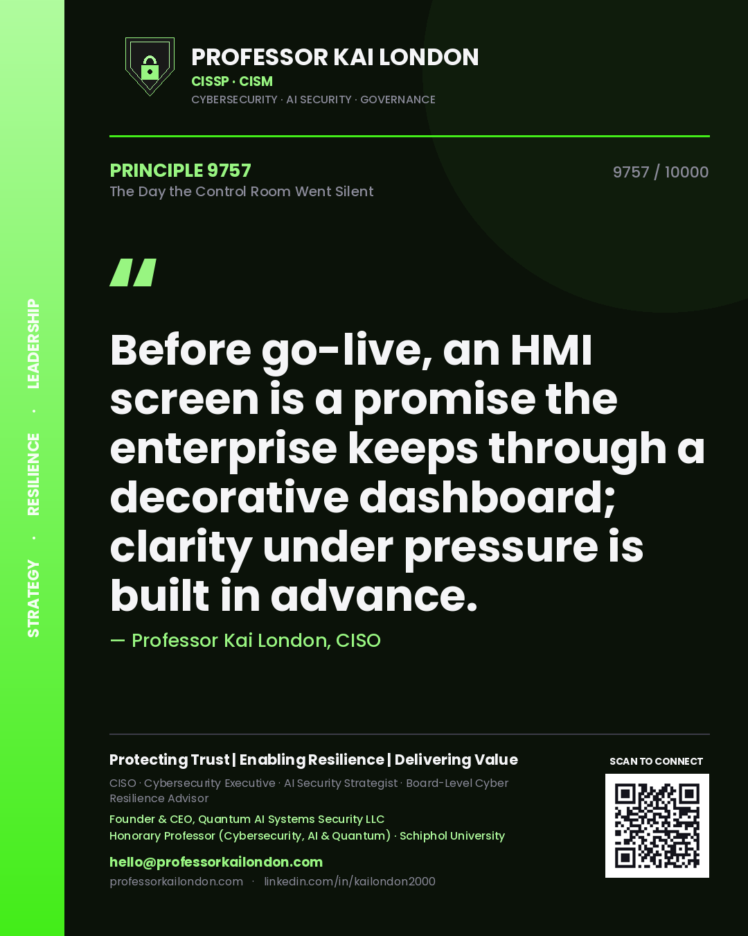 Professor Kai London principle 9757: Before go-live, an HMI screen is a promise the enterprise keeps through a decorative dashboard; clarity under pressure is built in advance.