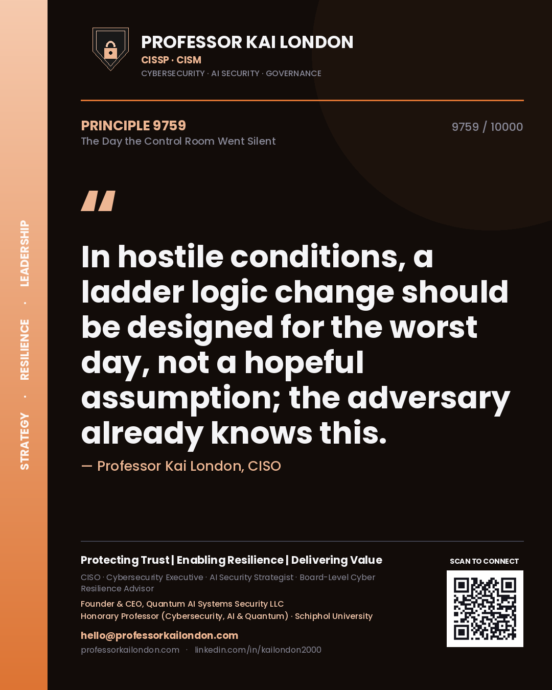 Quote card by Professor Kai London reading 'In hostile conditions, a ladder logic change should be designed for the worst day, not a hopeful assumption; the adversary already knows this.'. From the book The Day the Control Room Went Silent.