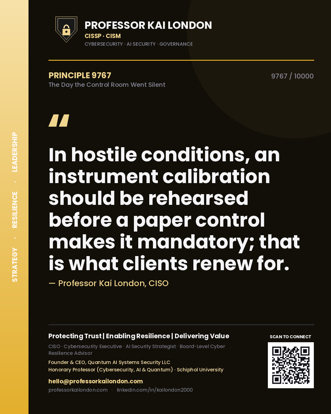 Professor Kai London principle 9767: In hostile conditions, an instrument calibration should be rehearsed before a paper control makes it mandatory; that is what clients renew for.