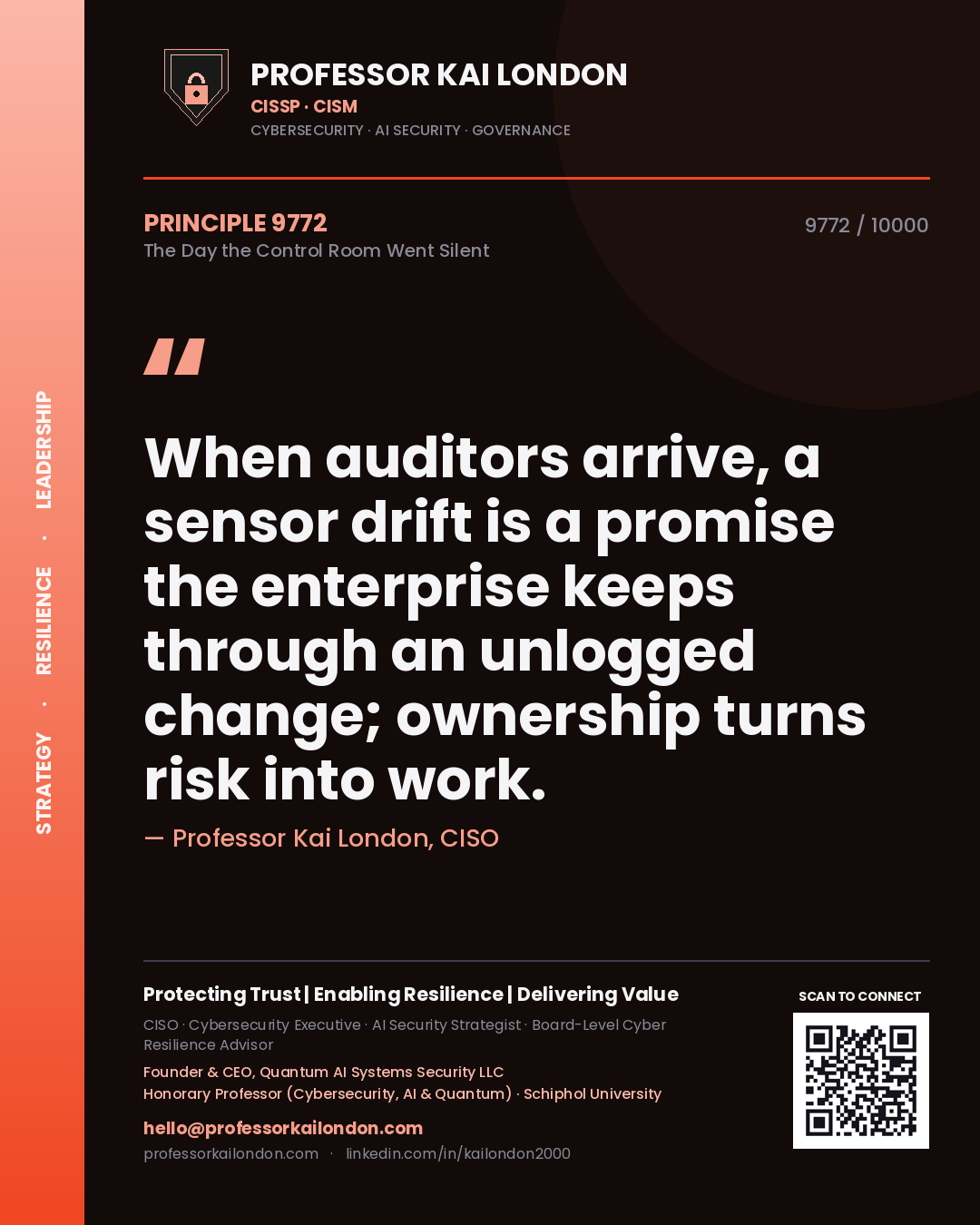 Professor Kai London principle 9772: When auditors arrive, a sensor drift is a promise the enterprise keeps through an unlogged change; ownership turns risk into work.