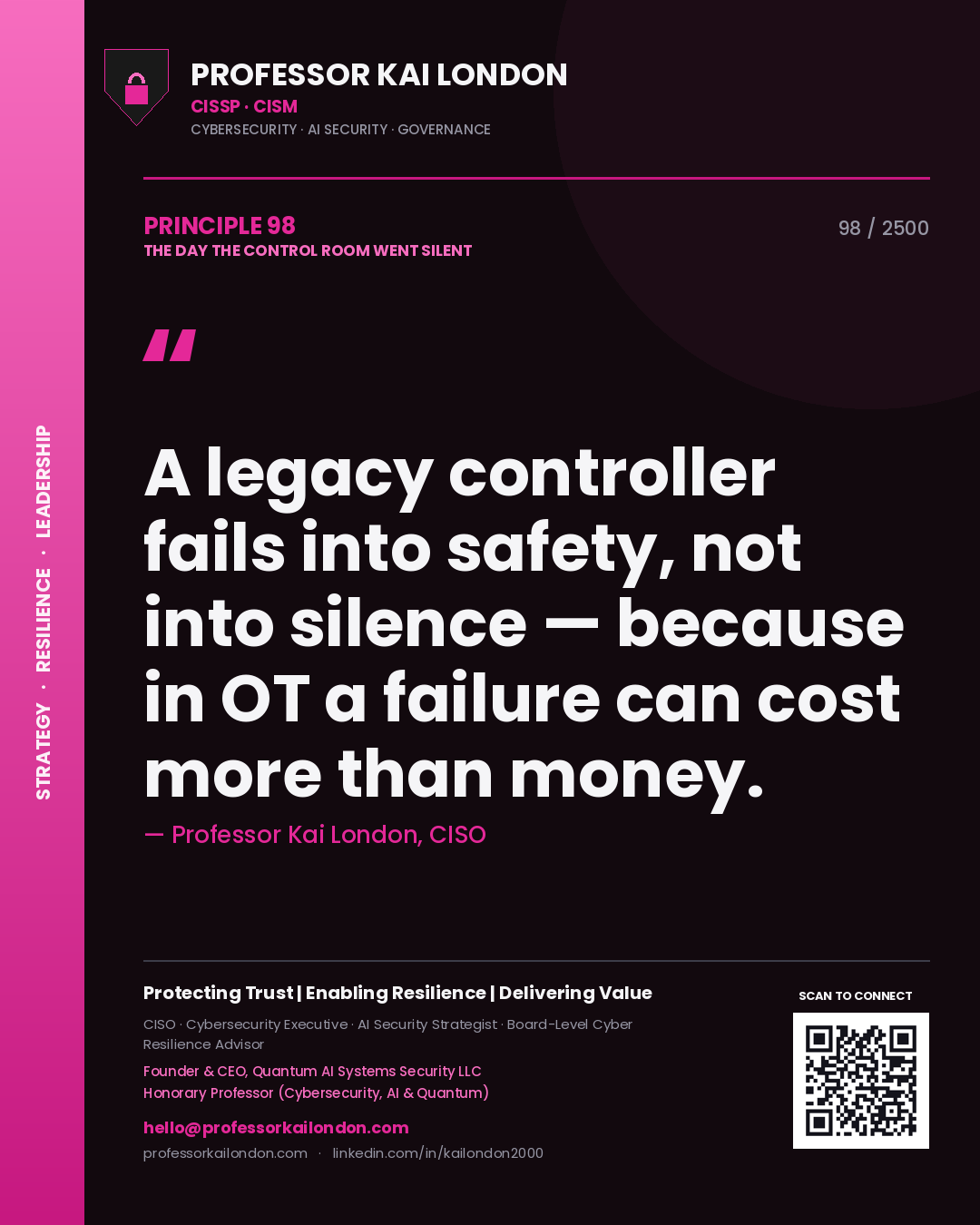 Professor Kai London principle 98: A legacy controller fails into safety, not into silence — because in OT a failure can cost more than money.