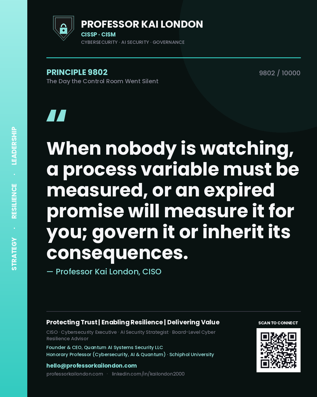 Quote card by Professor Kai London reading 'When nobody is watching, a process variable must be measured, or an expired promise will measure it for you; govern it or inherit its consequences.'. From the book The Day the Control Room Went Silent.