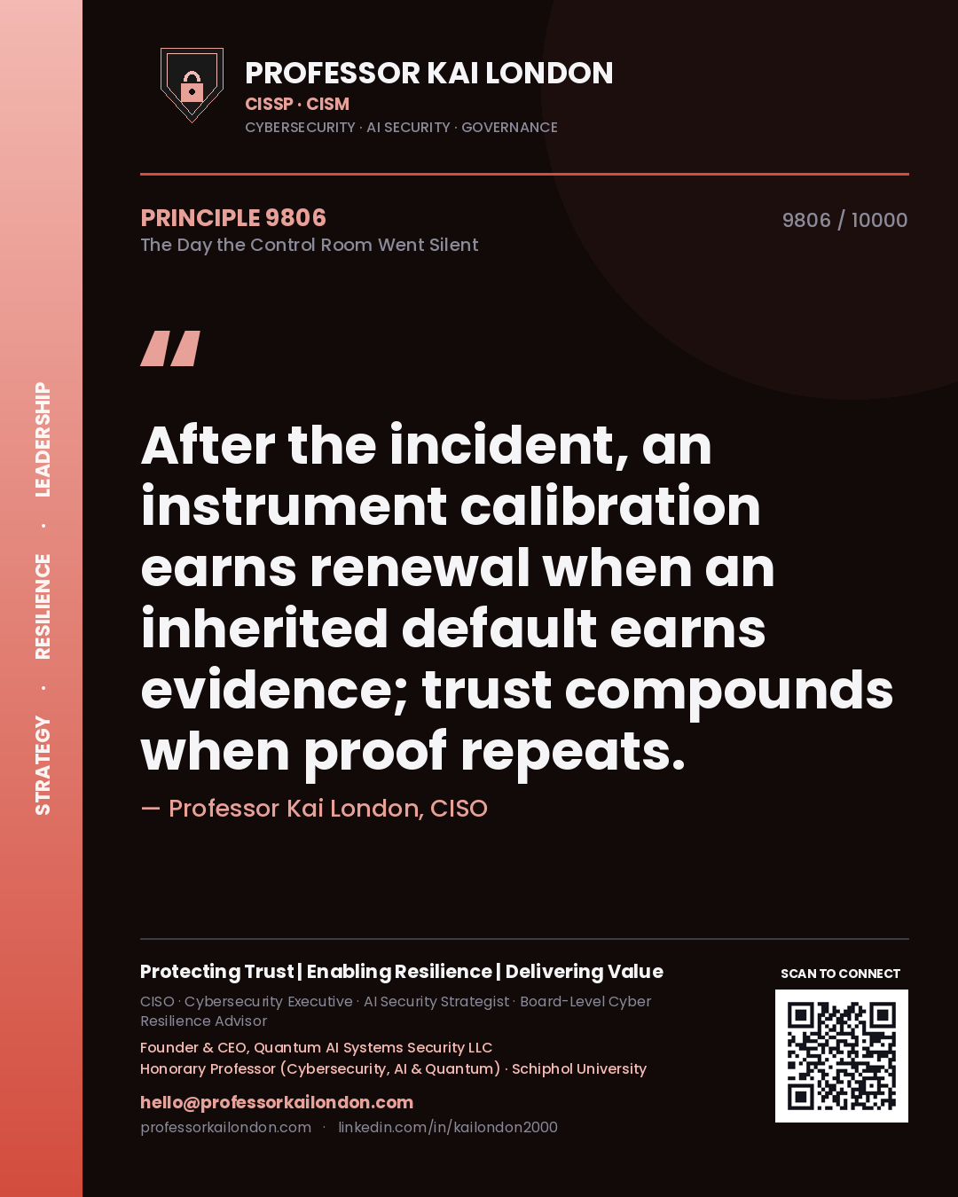 Quote card by Professor Kai London reading 'After the incident, an instrument calibration earns renewal when an inherited default earns evidence; trust compounds when proof repeats.'. From the book The Day the Control Room Went Silent.
