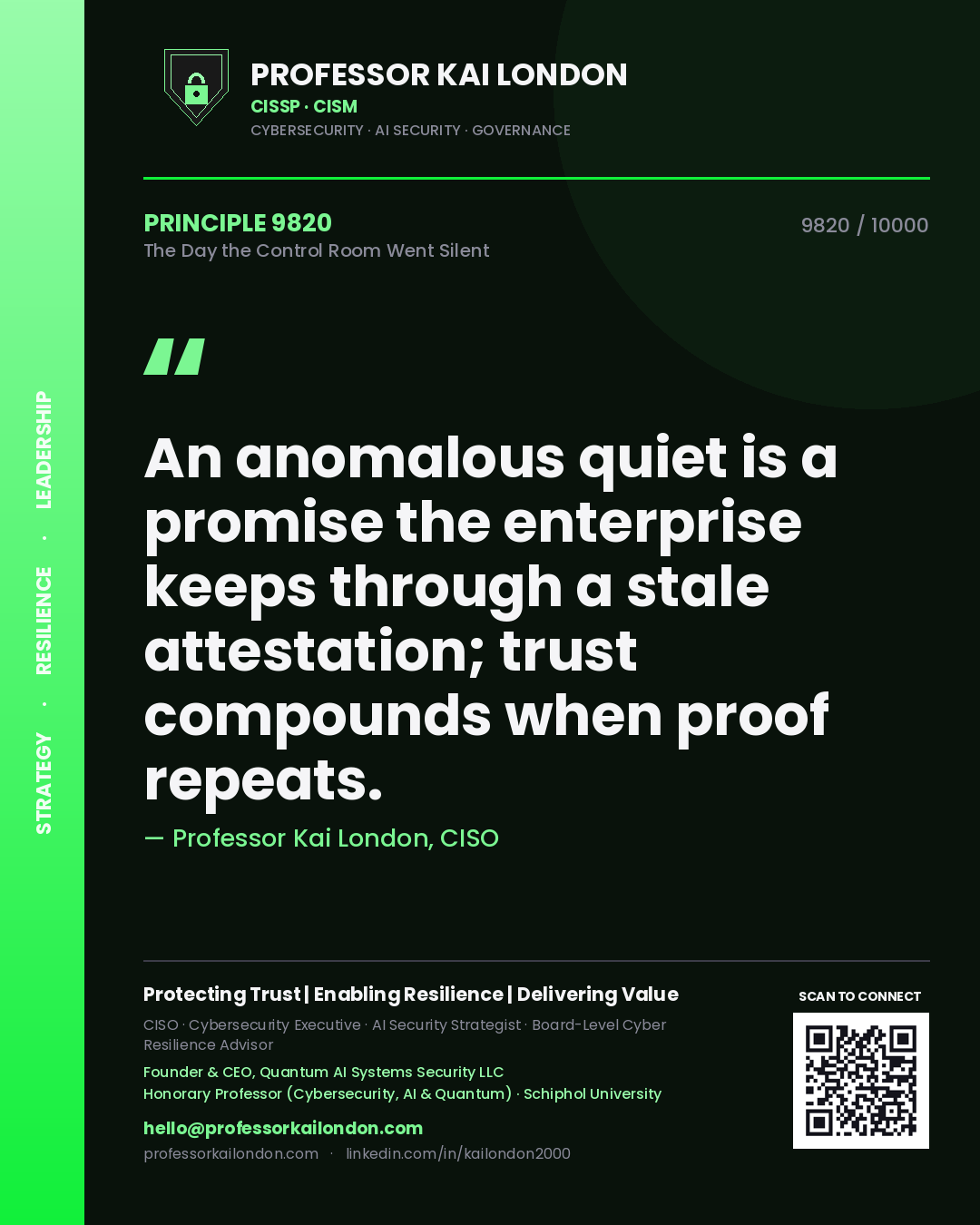 Quote card by Professor Kai London reading 'An anomalous quiet is a promise the enterprise keeps through a stale attestation; trust compounds when proof repeats.'. From the book The Day the Control Room Went Silent.