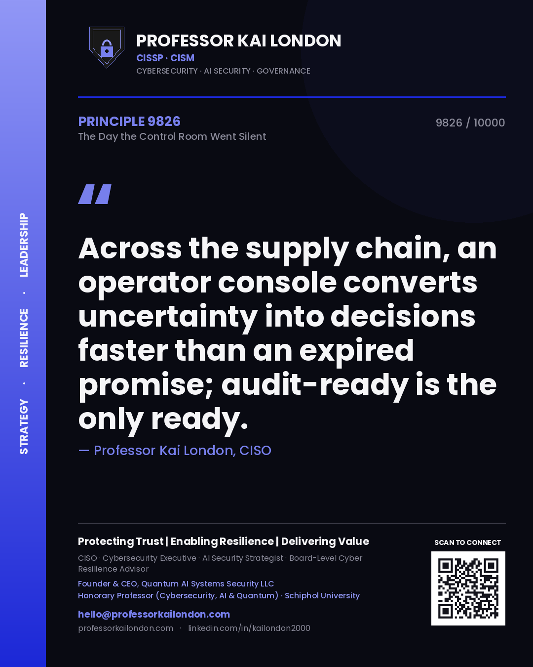 Professor Kai London principle 9826: Across the supply chain, an operator console converts uncertainty into decisions faster than an expired promise; audit-ready is the only ready.