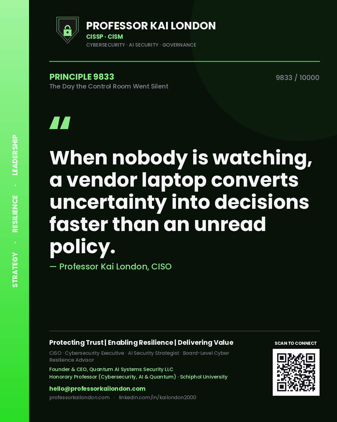 Quote card by Professor Kai London reading 'When nobody is watching, a vendor laptop converts uncertainty into decisions faster than an unread policy.'. From the book The Day the Control Room Went Silent.
